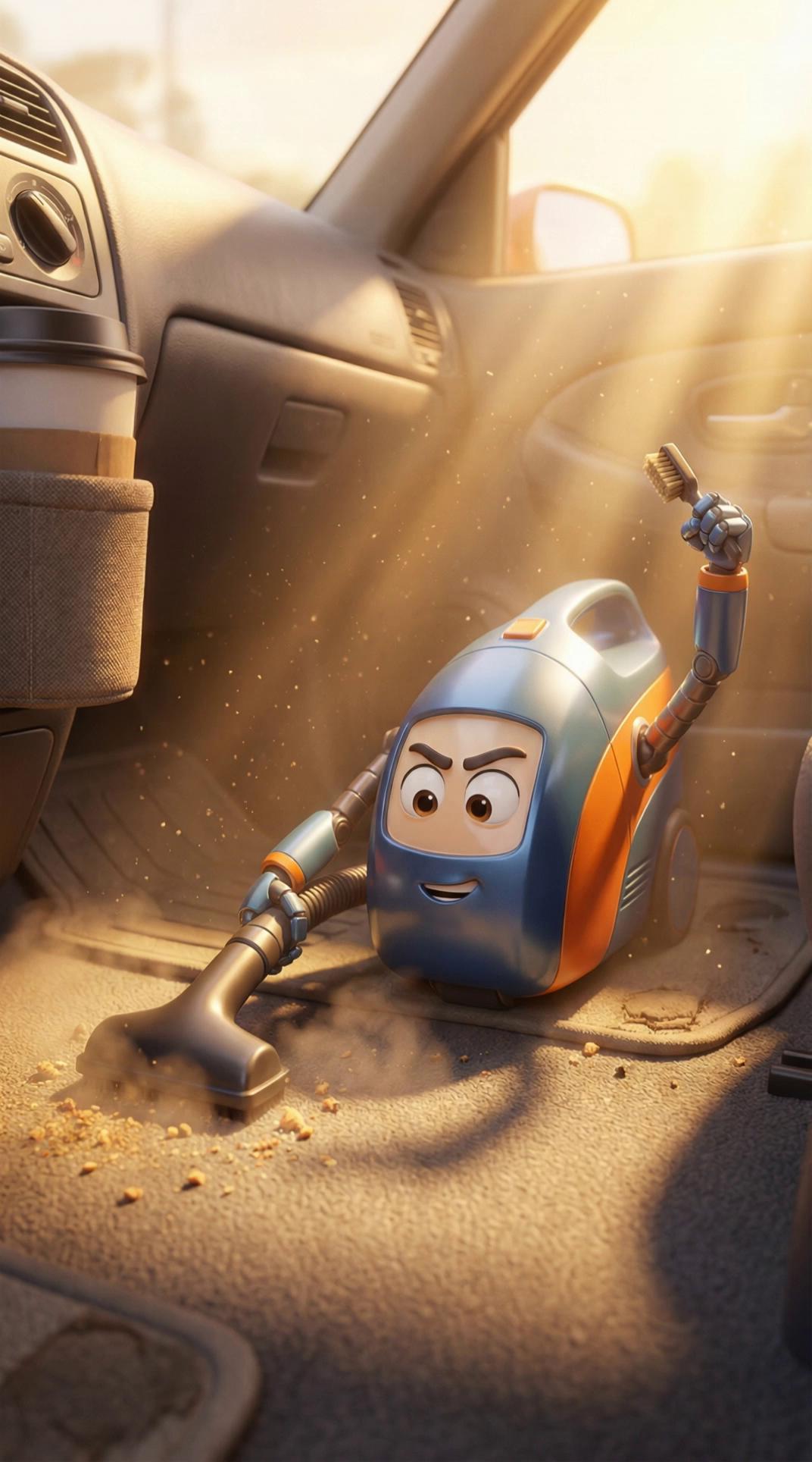 Prompt: The cartoon face is saying:"Hey it's the vacuum used by Prime Shine Solutions. Your car stinks, and it's always filthy. Help me help you by keeping up with routine details. Schedule your next detail now". @voice-1775090106011