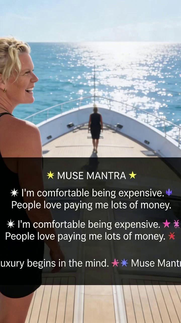 Prompt: Opening Screen Text:✨ MUSE MANTRA ✨Visual: Mette standing on the deck of a luxury yacht. Crystal-blue ocean, sunshine reflecting off the water, gentle breeze moving her hair. She looks calm, confident and successful.Voiceover (Mette):"I'm comfortable being expensive. People love paying me lots of money."On-Screen Text:✨ I'm comfortable being expensive.💰 People love paying me lots of money.Visual: Mette slowly walks toward the bow of the yacht, looking out across the ocean. The camera captures the luxury surroundings and expansive sea view.Voiceover (Mette, slower and more confident):"I'm comfortable being expensive. People love paying me lots of money."On-Screen Text (appears word-by-word):✨ I'm comfortable being expensive. ✨💸 People love paying me lots of money. 💸Visual: Close-up of Mette smiling confidently as the sunlight sparkles on the water behind her.