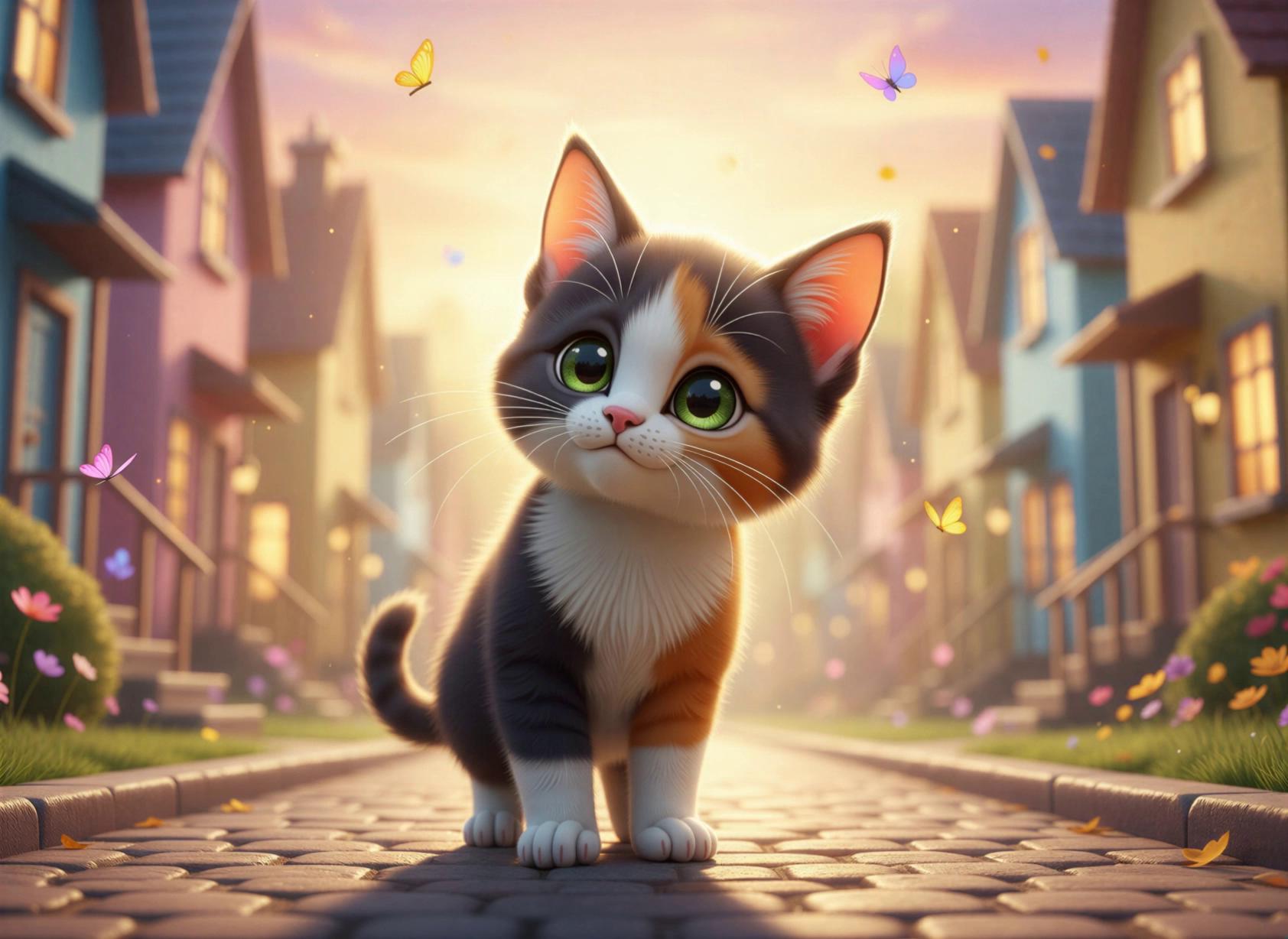 Prompt: 0:00 – 0:04 (Wide Establishing Shot)Scene: Colorful cartoon neighborhood at sunsetHouses in pink, blue, yellowFlowers swaying gentlyCamera: Slow cinematic panMusic: Soft, emotional piano + light bellsAction: Tiny kitten stands alone on sidewalk, looking aroundSound: Small “meow…”0:05 – 0:08 (Close-Up)Scene: Kitten’s faceHuge watery eyesEars droop slightlyAction: Looks left, then rightDialogue (soft, worried):“Meow…?”0:09 – 0:14 (Walking Sequence)Scene: Kitten waddles through neighborhoodCamera: Low tracking shot following kittenExaggerated bouncy stepsTail sways nervouslyDetails:Butterflies flutter pastLeaves gently fall0:15 – 0:19 (Obstacle Moment)Scene: Kitten reaches a small puddleCamera: Close-up on reflectionReflection looks slightly distortedAction: Kitten hesitates, then carefully steps overSFX: Tiny “plip” sound0:20 – 0:24 (Hopeful Turn)Scene: Warm glowing house appears in distanceCamera: Push-in shot toward lightGolden glow spills onto streetAction: Kitten’s ears perk upEyes sparkleMusic lifts slightly0:25 – 0:27 (Run Cycle)Scene: Kitten runs toward houseCamera: Side tracking shotSmooth, joyful motionTiny paws moving quickly0:28 – 0:30 (Happy Ending Close-Up)Scene: Door opens, silhouette of ownerAction: Kitten jumps into armsCamera: Close-up on happy faceEyes bright, smilingSound: Happy “meow!”Final Frame: Freeze + soft glow + sparkles