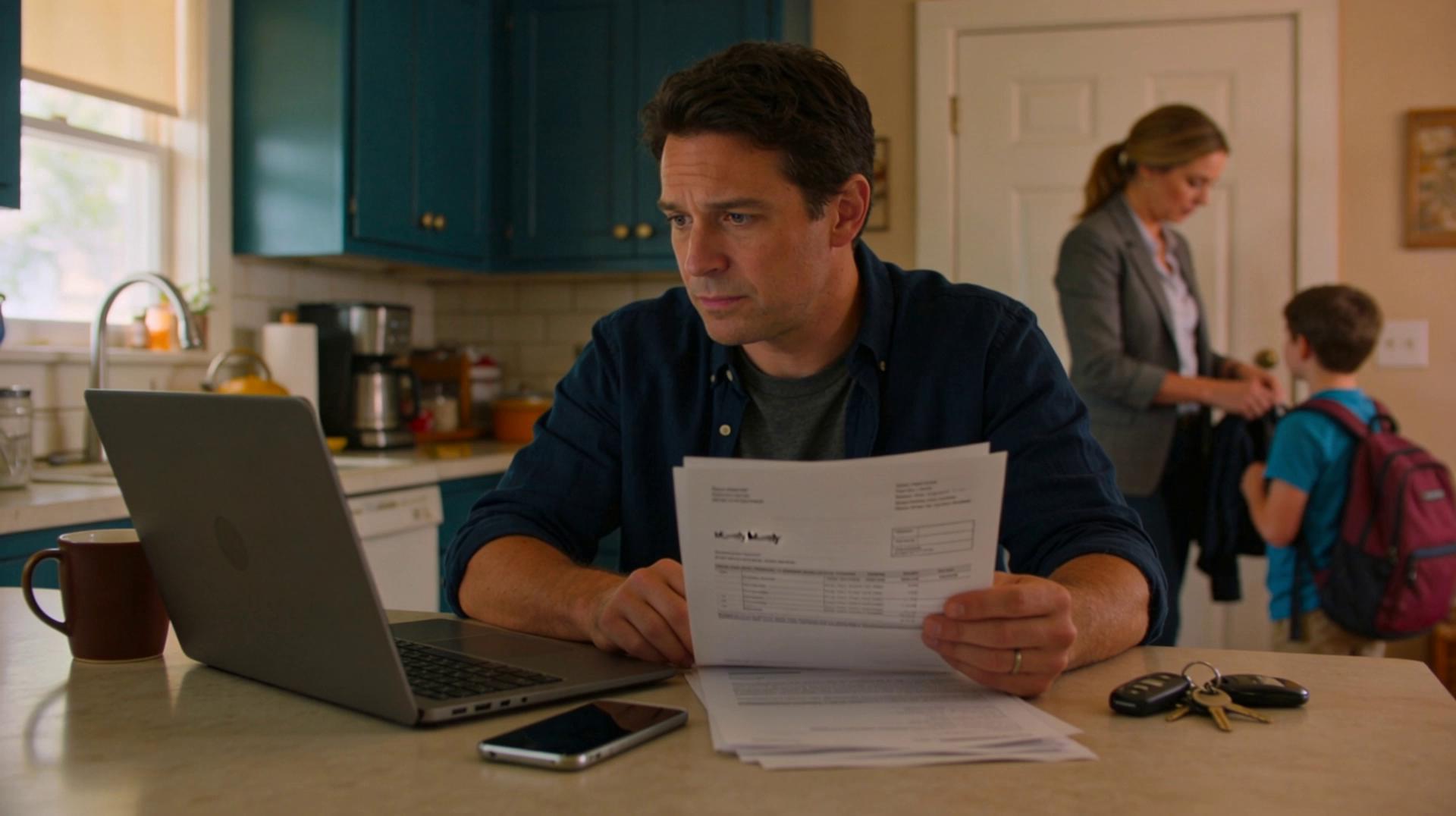 Prompt: Use the provided 4K reference image as the first frame. Create a cinematic morning sequence inside a relatable family home. The camera slowly pushes in from a medium-wide kitchen view toward the parent reviewing monthly bills on a laptop, with a smartphone, coffee mug, car keys, and family items visible on the counter. A family member moves softly in the background preparing for the day, slightly out of focus. Morning sunlight glows through the window. The mood is calm, familiar, and reflective, showing the quiet rhythm of monthly responsibilities. Natural human movement, subtle breathing, soft hand movement on the laptop, gentle background activity. Premium cinematic commercial look, warm documentary realism, shallow depth of field, 4K, 16:9.Camera movement:Slow dolly push-in, slight handheld realism, soft rack focus from phone and keys to the parent.