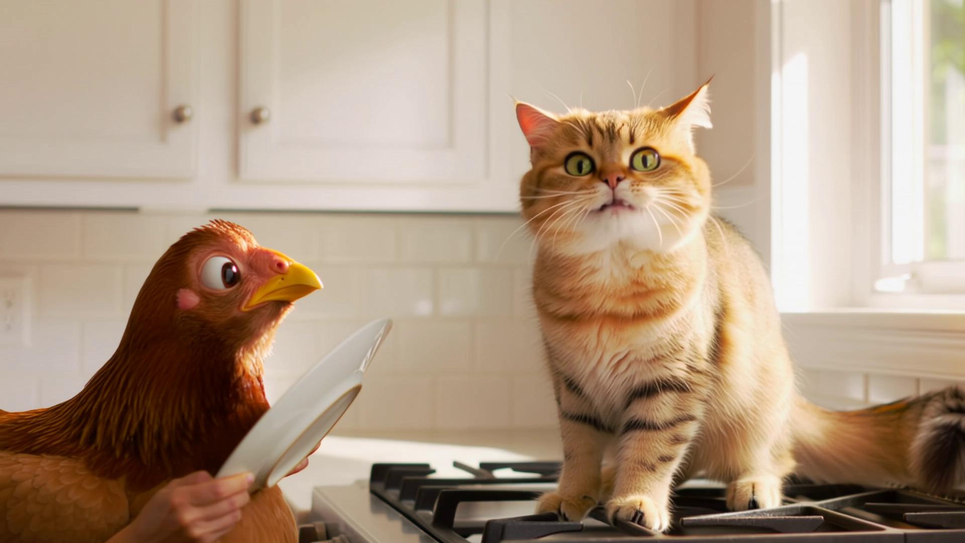 Prompt: [INT. KITCHEN – DAY]

0:00 – 0:02
Cat on the stove, pan in paw, chicken holding plate nearby, watching eagerly.
Cat (grinning): “Time for my master flip!”

0:02 – 0:05
Cat flips the omelet high in the air. Chicken leans forward, eyes wide.

0:05 – 0:06
Omelet lands squarely on Cat’s head. Chicken gasps, plate slips from wings.

0:06 – 0:10
Both burst out laughing hysterically. Cat wobbles under omelet-hat, chicken laughs while picking up plate.
Cat & Chicken: “Ha! You wore it!”

Quick freeze-frame or zoom on omelet-crowned Cat as both continue laughing.
