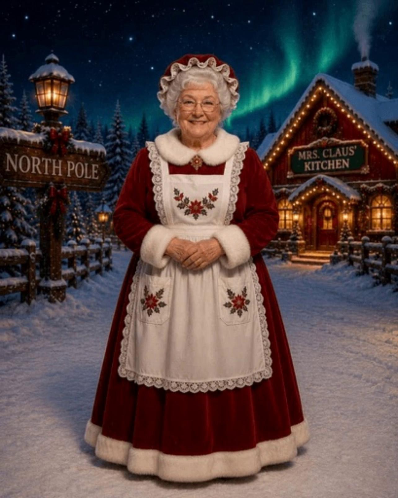 Prompt: Waves her Right hand and says  "Well Hello.. Of course I am Mrs Santa... and i so look forward to seeing you all in my kitchen "