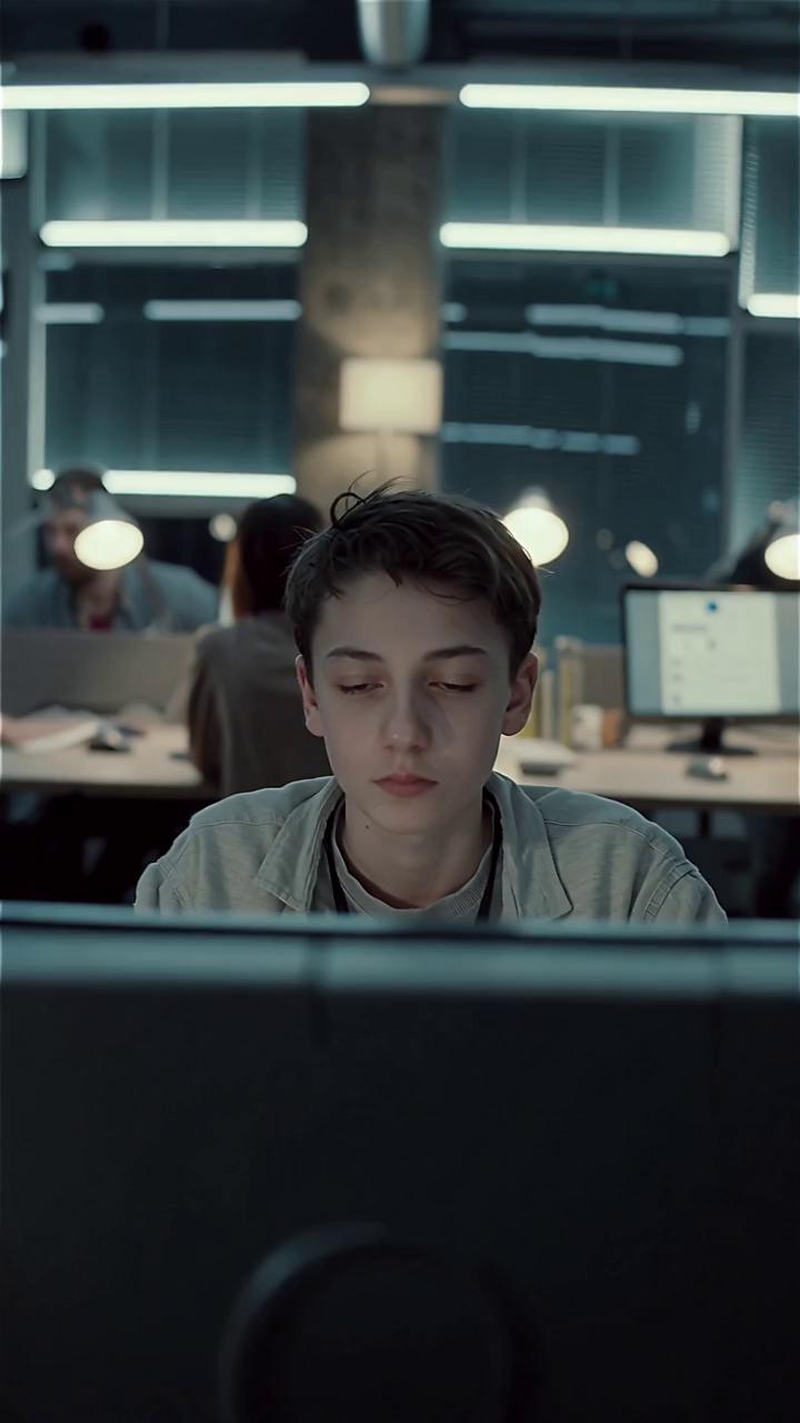 Prompt: Junge Person am Schreibtisch im Großraumbüro, müder Blick auf Bildschirm. Kinematisch, entsättigte Farben. Langsamer Zoom aufs Gesicht. Kaltes Neonlicht, unscharfe Kollegen im Hintergrund