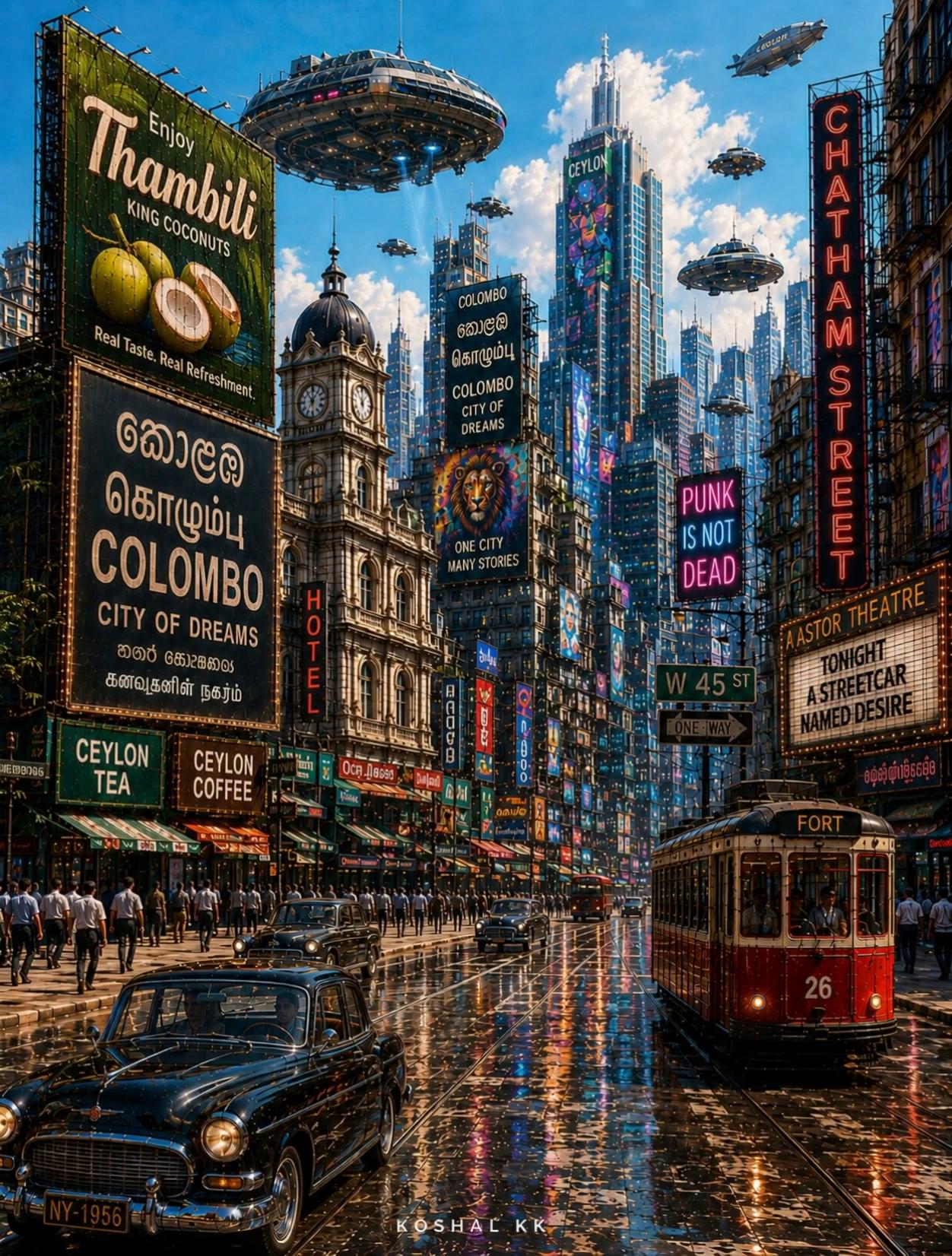 Prompt: 5-second cinematic cyberpunk Colombo shot. Slow camera push forward through the street. The FORT tram and vintage cars move naturally, pedestrians walk subtly, and futuristic hovercraft glide between the skyscrapers. Neon signs flicker gently and reflections shimmer across the wet road. Preserve the Colombo architecture, Chatham Street, Thambili billboard, Ceylon Tea/Coffee signs and original city layout. No morphing buildings, changing text or distorted vehicles. Photorealistic, smooth cinematic motion, realistic physics.