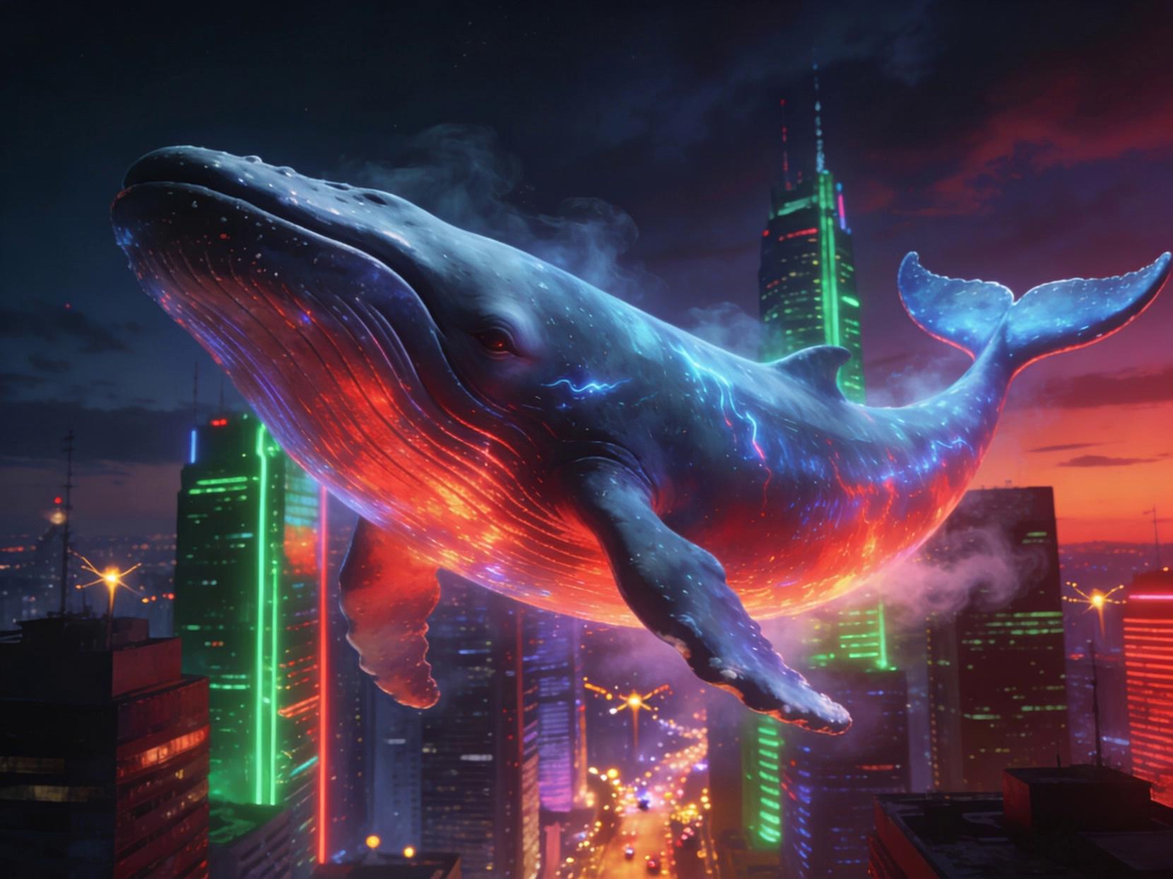 Prompt: A cinematic and surealistic scene of a living happy whale swiming trough the city playfully. Everything is coming to life and the colors and vibrant. Cinematic lighting. Camera following the whale as he ducks down toward the streetlife and shoots up again.