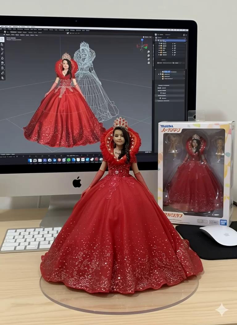 Prompt: 

Two hands gently pick up the figure  in the frame and rotate it slightly for inspection. The model on the computer screen and the model printed on packaging box remain stationary while the other background elements stay  stay unchage.