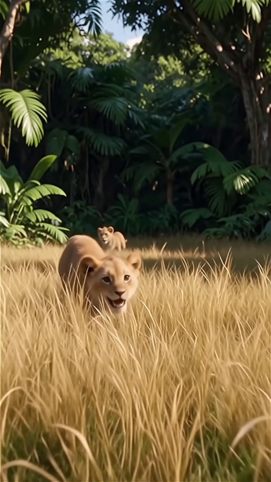 Prompt: A lion cub and tiger cub playing together