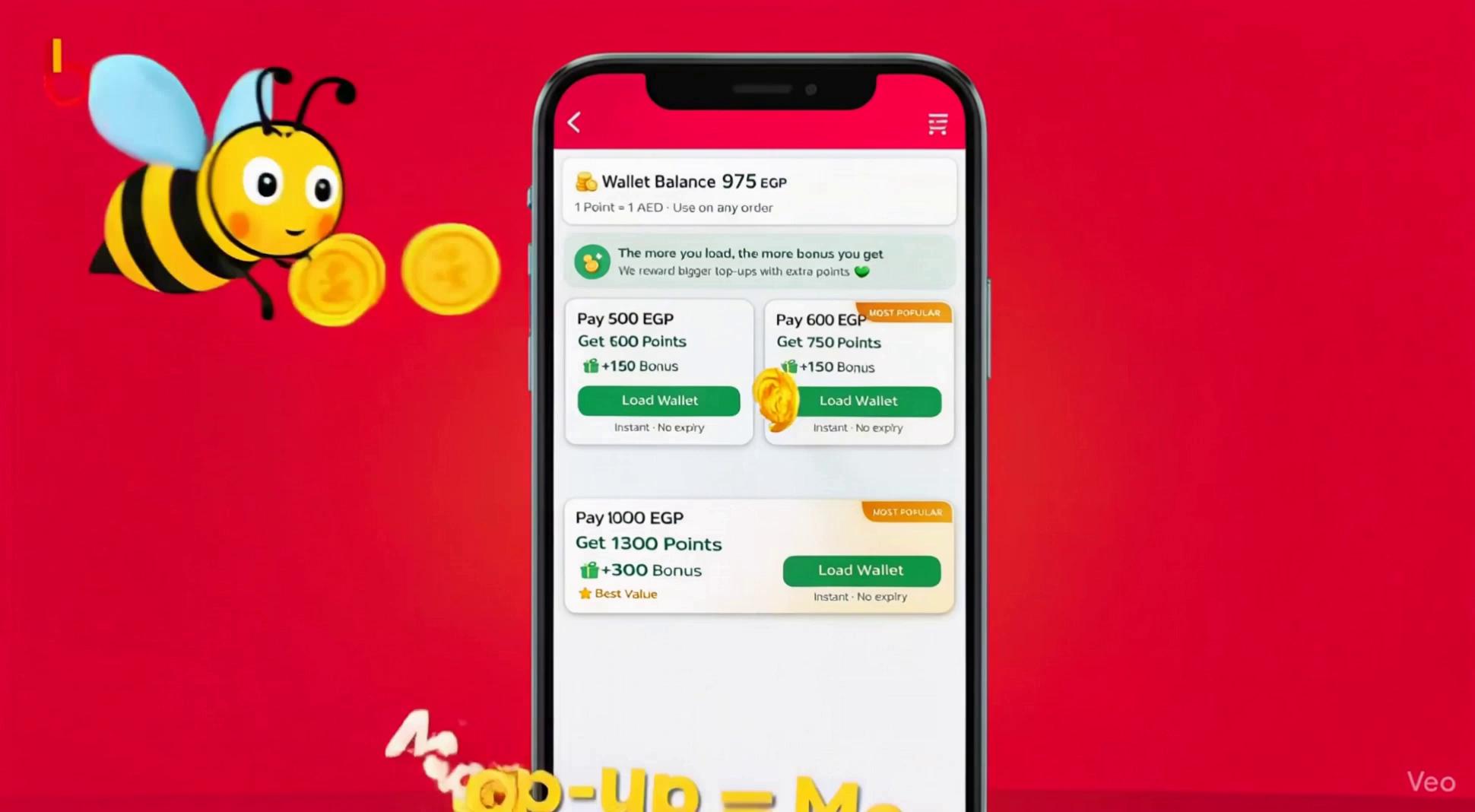 Prompt: Create a clean, modern animated app promo for BuzzKit using the exact attached assets.Rules:Use the attached BuzzKit bee logo exactly as it is — do not redraw, restyle, or reinterpret it.Use the attached second wallet screen exactly as it is — keep the layout, colors, numbers, and UI unchanged.Scene:Show a smartphone displaying the BuzzKit wallet screen (from the attached image).The wallet shows BuzzKit Coins where 1 coin = 1 AED.The original BuzzKit bee moves smoothly around the screen like a friendly guide:The bee gently flies and clicks on the “Top Up” buttonThe bee taps bonus coinsThe bee circles the wallet balanceEach click makes coins pop and glow softly.Add clean overlay text:“Buy Together. Save Together.”“Charge your wallet with BuzzKit Coins and get bonus rewards.”Style:Minimal, modern, fintech-meets-shoppingWhite or light backgroundSmooth animationApp-store qualityNo people, no buildings, no extra objectsFocus only on the app UI, coins, logo, and the beeLighting:Bright, premium, soft shadows, crisp UIResolution:High quality, 4K, suitable for Google Play and App Store promo visuals.