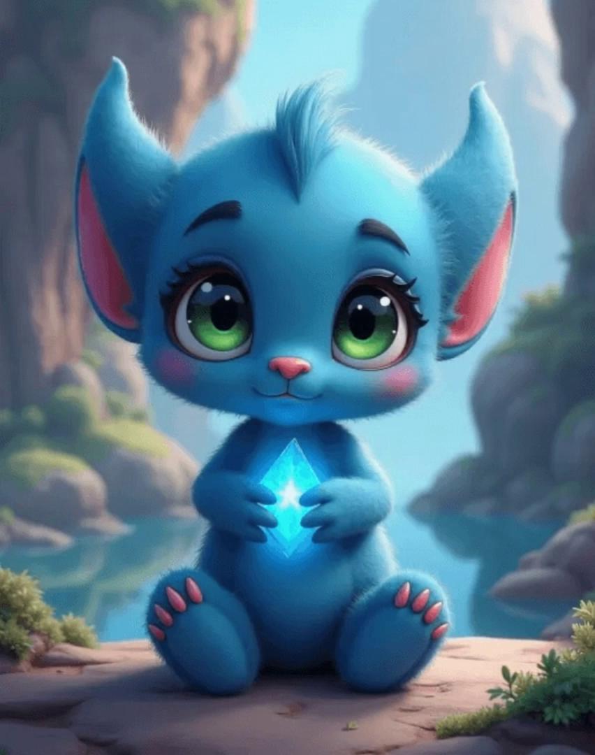 Prompt: @BLU is walking forwards towards the camera from a distance, looking bouncy and joyful. There are multi-coloured mountains in the background on planet spark where BLU lives 