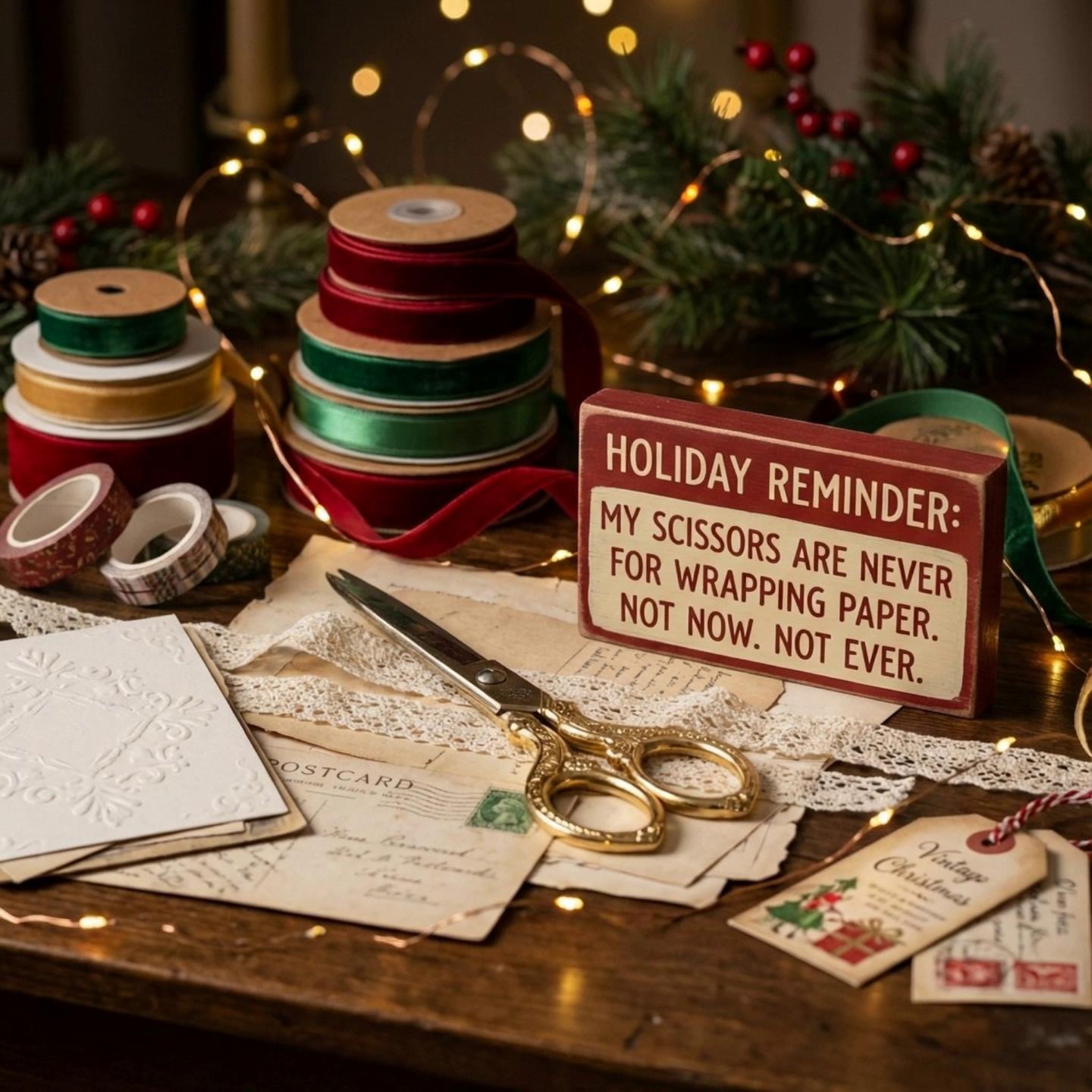 Prompt: Animate this exact vintage holiday craft desk image. Keep all elements unchanged: the gold-handled scissors resting on antique postcards and lace, the distressed papers, washi tapes, Christmas ribbon spools, pine greenery, berries, and warm fairy lights. Begin with a slow cinematic pan across the desk from left to right, moving gently toward the scissors. Add a soft camera push-in as the scissors catch the warm glow of the ambient lights. After focusing briefly on the scissors, smoothly shift the camera motion to reveal the wooden sign. Add a warm, subtle glowing effect to the text on the sign — like a soft Christmas light pulse around the words “MY SCISSORS ARE NEVER FOR WRAPPING PAPER. NOT NOW. NOT EVER.” Animate the fairy lights with gentle twinkling, add drifting dust motes, and maintain the cozy grunge vintage Muse aesthetic: warm tones, nostalgic textures, shallow depth of field, atmospheric shadows, and soft lighting flicker. No character faces. Pure ambient motion. Vertical cinematic format, End for last second with end frame image9:16.