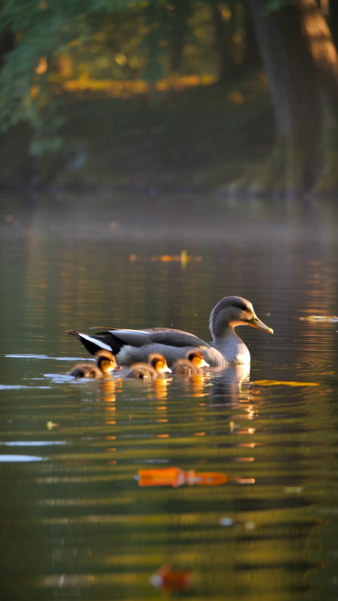 Prompt: A highly realistic 30-second cinematic video of a calm forest lake surrounded by dense trees and soft greenery. The water is smooth with gentle ripples, reflecting the surrounding forest and sky.

A mother duck swims peacefully across the lake, followed closely by several small ducklings in a neat line behind her. The ducklings paddle quickly to keep up, occasionally drifting slightly out of line before correcting themselves, showing natural, lifelike behavior.

The scene is tranquil and detailed, with floating leaves on the water, soft reflections, and subtle movement in the surrounding foliage. Light filters through the trees, creating dappled sunlight across the surface of the lake. The time of day feels like early morning, with soft golden light and a slightly misty atmosphere.

The camera slowly tracks alongside the ducks at water level, maintaining a gentle, steady motion with slight natural movement for realism. Focus on lifelike details: realistic water movement and ripples from the ducks, accurate reflections, soft feather texture, and natural paddling motion.

Include only ambient nature sounds: gentle water movement, distant birds, and soft wind through the trees. No music.

Ultra-realistic, cinematic quality, shallow depth of field, 4K resolution.
