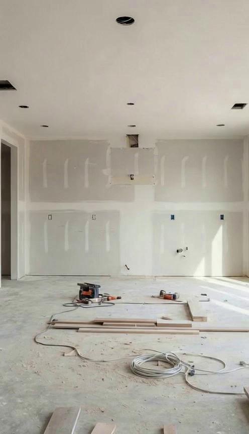 Prompt: Time-lapse animation of a kitchen interior transitioning from empty construction to active floor preparation. Workers walk in, bring tools, grind the concrete floor, sweep debris, and apply base layers. Dust moves naturally, lighting shifts subtly throughout the day. All motion is human-driven. Camera remains completely static. Ultra-realistic, cinematic timelapse.Cinematic timelapse of workers pouring metallic epoxy onto the kitchen floor. Liquid epoxy spreads and self-levels as pigments of charcoal, silver, gold, and blue swirl organically into a marble pattern. Workers use rollers and squeegees, then clean tools and exit the frame. The floor becomes glossy and reflective. Static camera, realistic fluid motion, no teleporting.