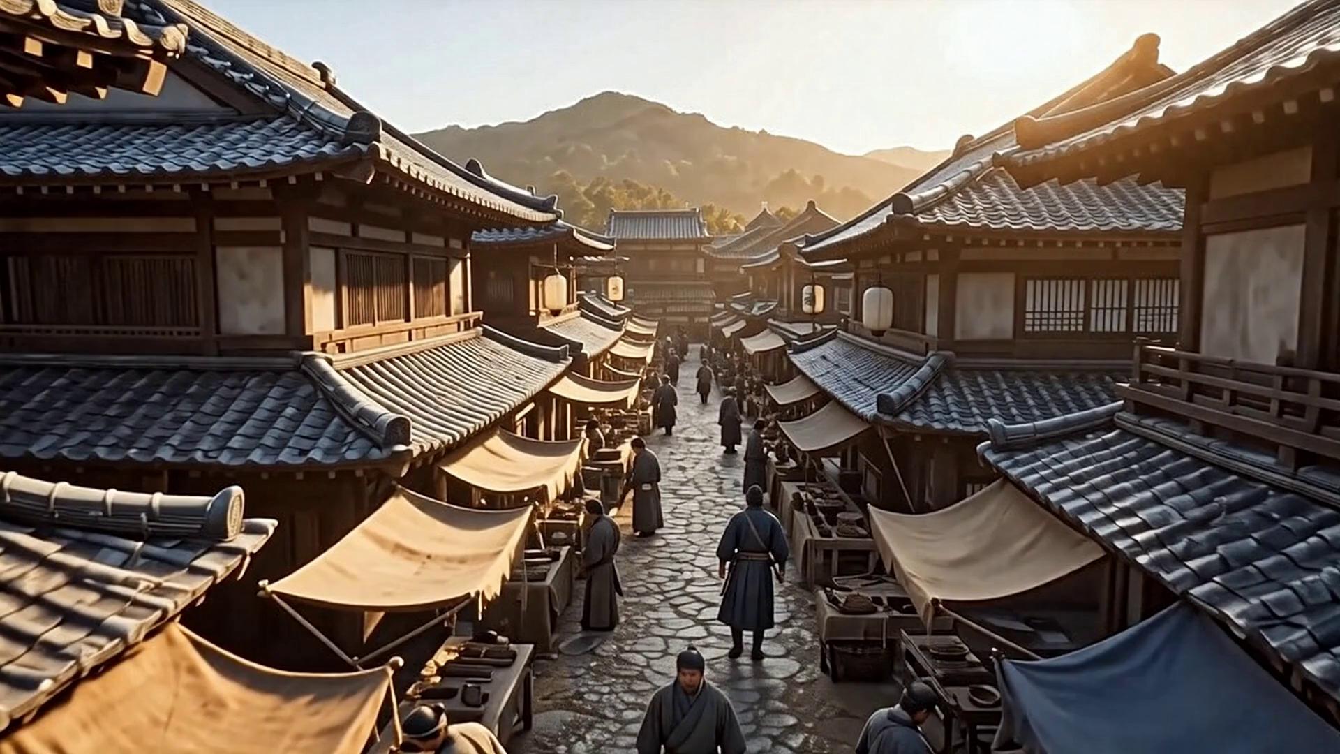 Prompt: Wide shot, high angle, 24mm wide lens. Yoshinika and Tomoe walking through crowded feudal Japanese streets, slow dolly in tracking alongside them as townspeople notice and point. Weathered traditional architecture surrounds them, authentic period clothing and handcrafted details throughout. Soft diffused morning light creates warm golden tones across aged wooden buildings and stone pathways. Intimate scale captures subtle reactions of onlookers, their whispered conversations and gesturing hands. Still, contemplative motion as the camera glides smoothly beside the pair. Hopeful atmosphere despite growing tension. Museum-quality historical accuracy with weathered textures and natural materials only. Cinematic, 4K, professional cinematography.