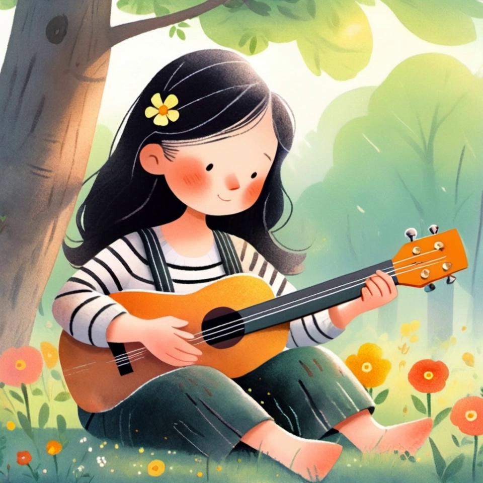 Prompt: The woman plays ukulele and sings, smiling, eyes closing