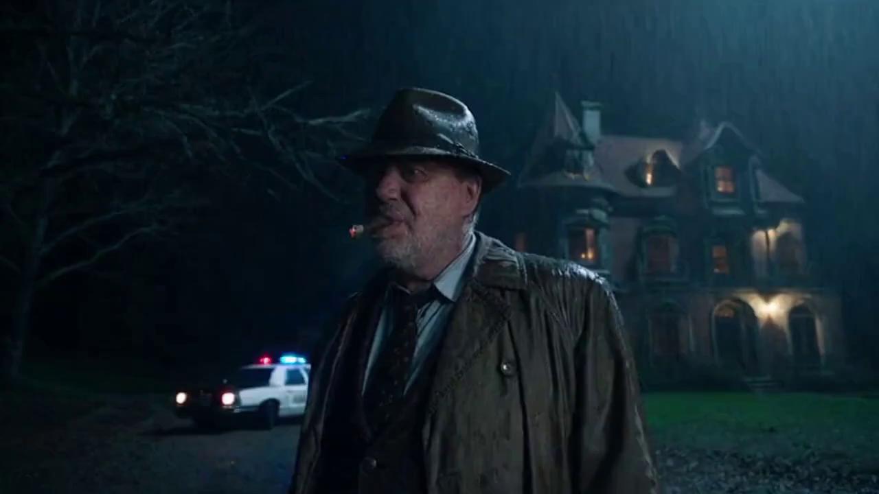 Prompt: A movie trailer of a chubby grizzled detective who has Rhode Island accent investigates a mansion where a cannibal is rumored to reside