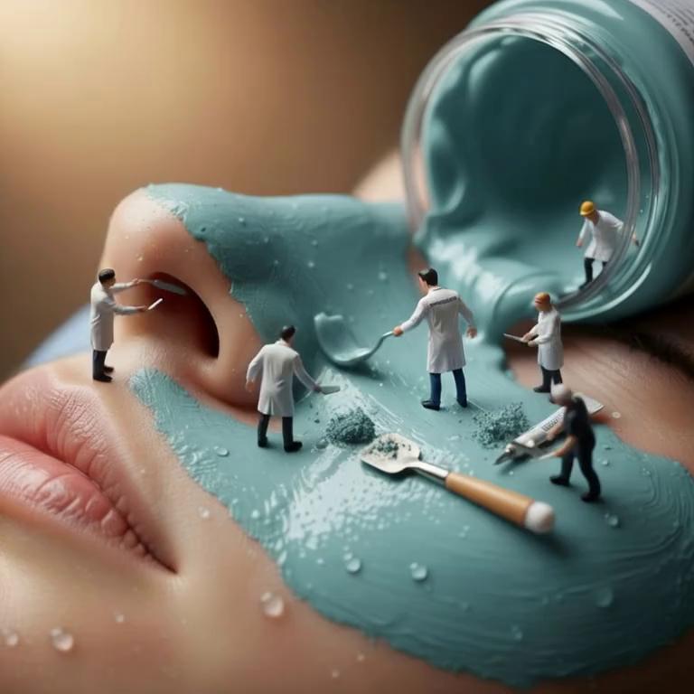 Prompt: Create a hyper-realistic scene of tiny [skimtherapist]، no larger than a bottle cap, interacting with a massive [facial mask]. The scene has a strong contrast in scale, making the image, size 9:16