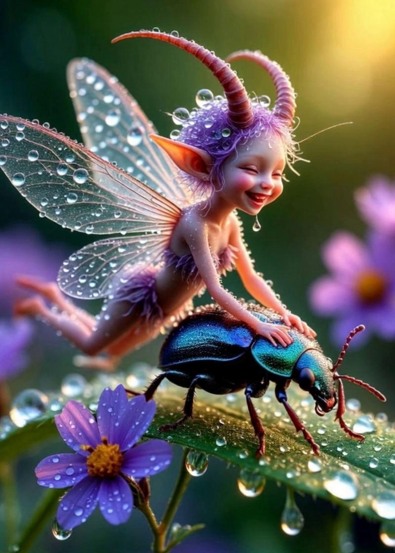 Prompt: The beetle crawls towards the camera, the fairy flies behind it, holding its back, it is raining, small drops of rain fall down.
