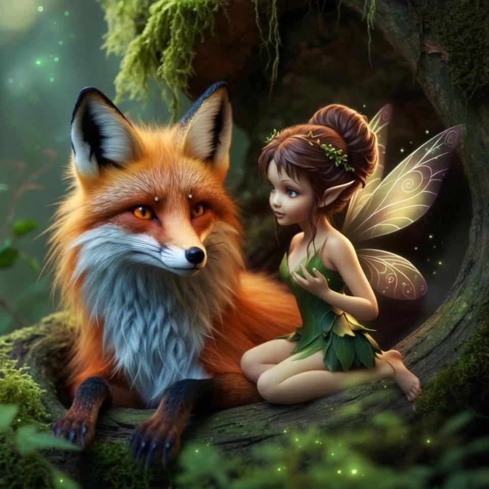 Prompt: The fairy strokes the fox with her hands, the fox leans against the fairy.