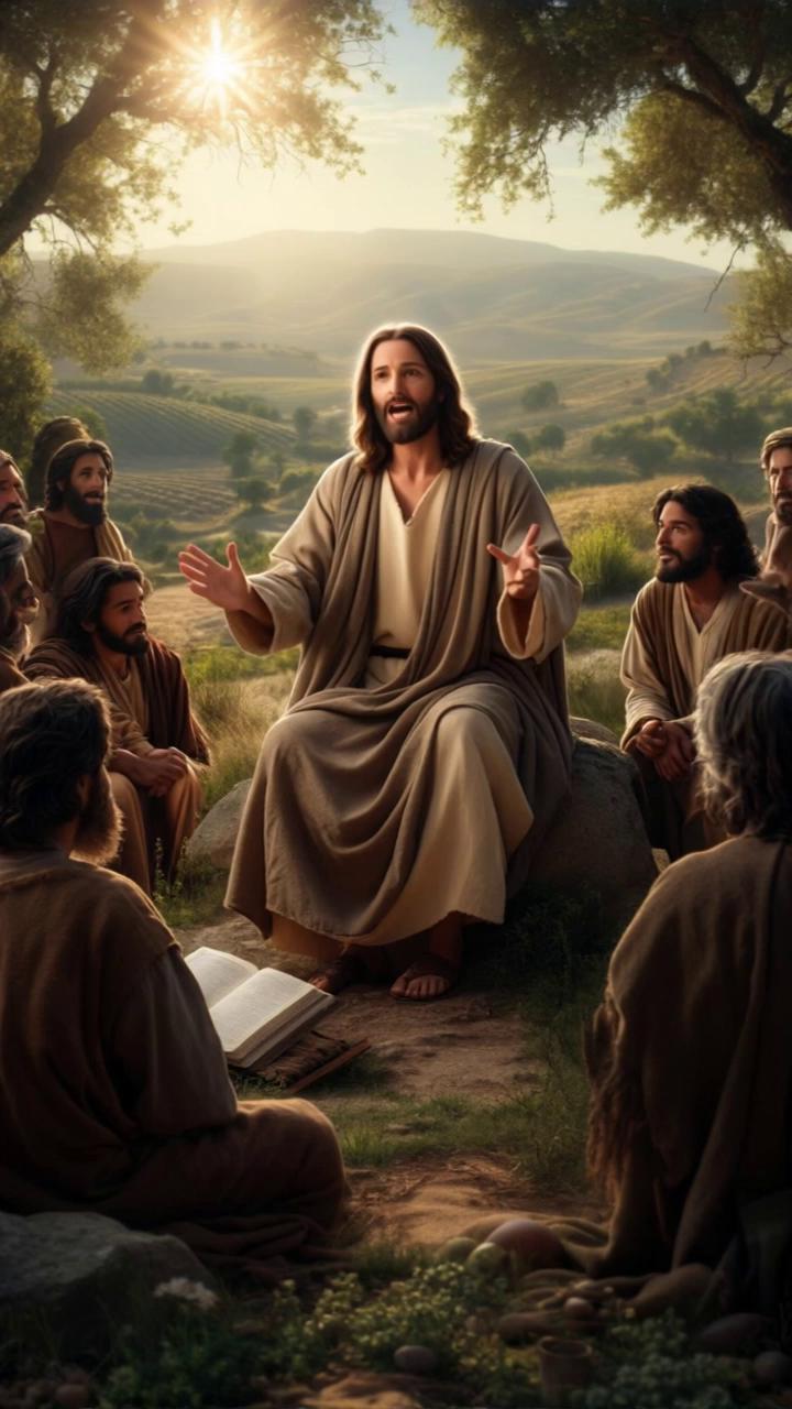 Prompt: Jesus sits and tells his sermons to his disciples.realistic 