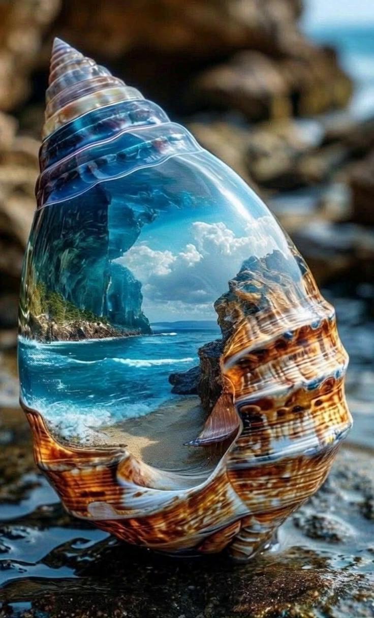 Prompt: A giant seashell resting on wet rocks by the ocean. The camera zooms in, and the viewer sees that inside the seashell there is an entire world: cliffs, a sandy beach, a bright blue sky with clouds, and a turquoise sea. Suddenly, the scene comes to life. Gentle waves of water begin to flow from inside the shell, spilling out and mixing with the real sea. The camera follows the water as it escapes the shell, creating a magical bridge between two worlds. Light sparkles on the wet sand, seagulls can be heard in the distance, and the waves dance in the sunlight. A cinematic, mystical atmosphere, photorealistic details, and a sense of wonder and magic.”