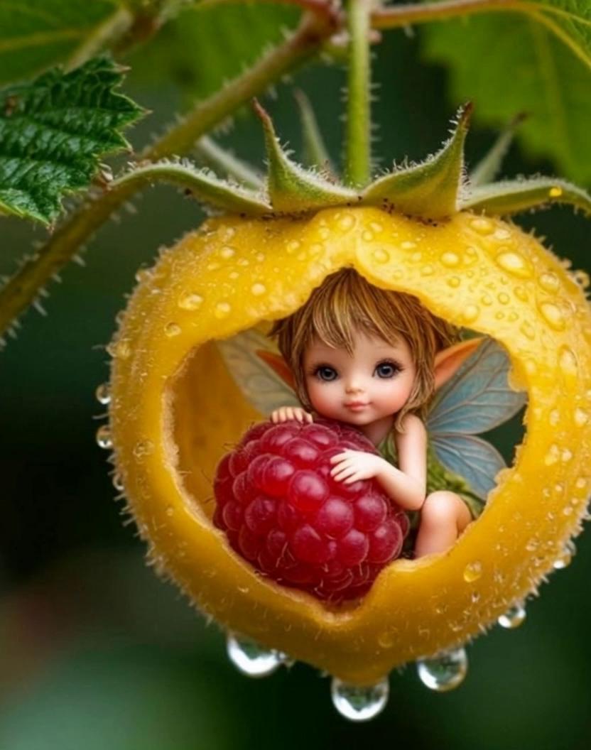 Prompt: It's raining, the yellow berry is swaying in the wind, inside sits a fairy who hugs the raspberry and holds it tightly
