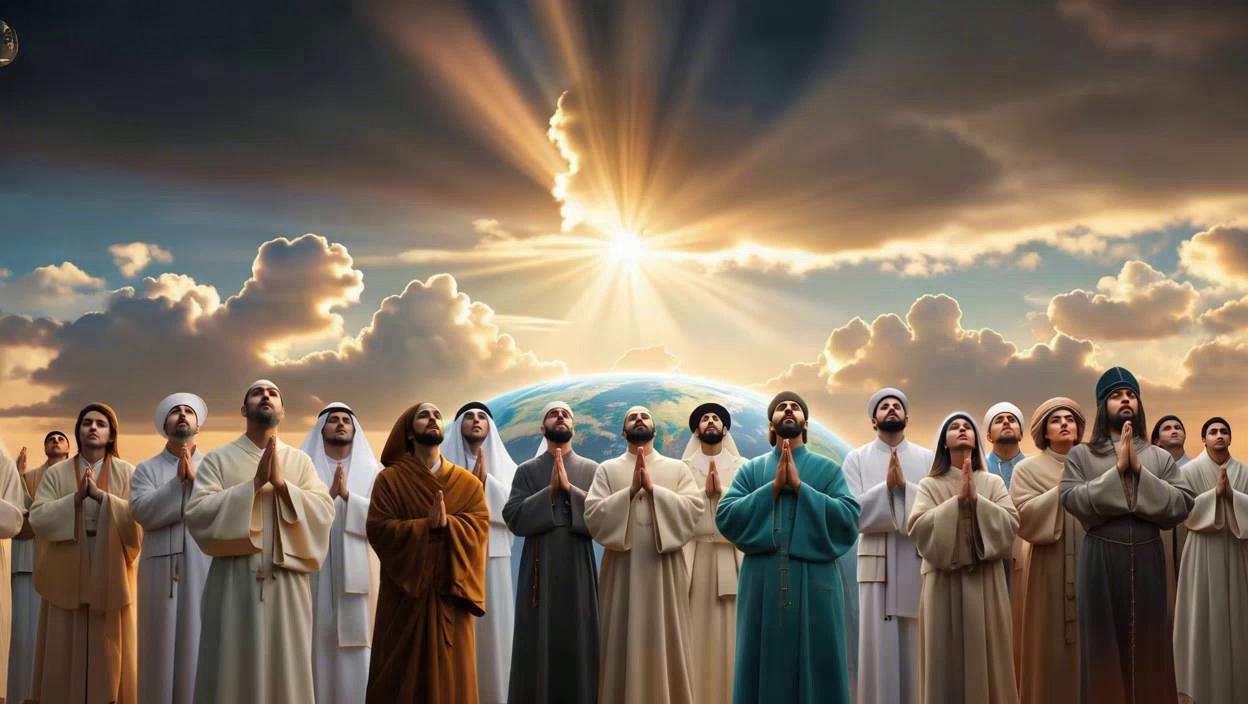 Prompt: cinematic scene symbolizing divine unity and peace. People of every faith gathered across the world — monks, priests, imams, rabbis, and others — praying and bowing toward the sky. The camera rises to show the vast Earth united in worship. The clouds above begin to swirl, golden light piercing through. A radiant beam of pure white light descends from the heavens, bathing all in peace. The light forms the symbols of the Holy Trinity — a glowing dove, a mighty hand reaching down, and a human figure walking forward — all merging into one brilliant aura. Darkness and shadows creep at the edges but are consumed by the spreading light, representing good defeating evil. The people lift their faces in awe as the sky clears to perfect calm. The words appear on screen:
“For as lightning that comes from the east is visible even in the west, so will be the coming of the Son of Man.” — Matthew 24:27
Soft choral music, slow camera movement, ethereal atmosphere, cinematic lighting, high contrast, 4K