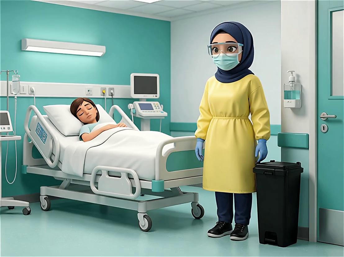 Prompt: a nurse with navy nursing scrub pants and top, long navy sleeves cover the arms, she is wearing a navy hijab covering her hair, she is wearing black sneakers, she has brown eyes. She is standing inside a patients room. She is wearing yellow gown, surgical mask, eye goggles and surgical blue gloves. There is a patient in the bed sleeping. Next to the nurse is a black bin. There is a gel dispense attached to the wall. The nursing ward has a teal and white decoration, the area is brightly lit. Voice speaks, "Donning is done inside the patient room before leaving" voice @Catherine pixar animation style
