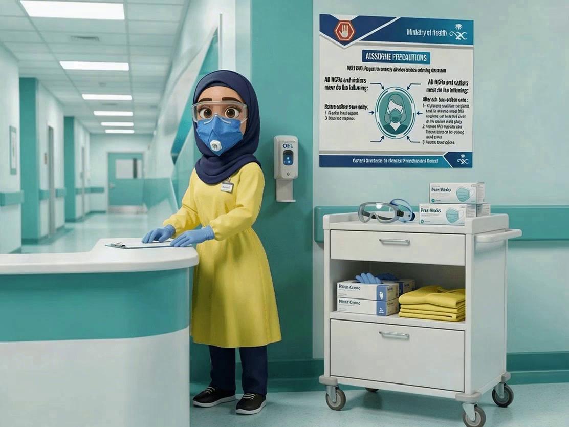 Prompt: a nurse with navy nursing scrub pants and top, long navy sleeves cover the arms, she is wearing a navy hijab covering her hair, she is wearing black sneakers, she has brown eyes.  She is wearing a yellow gown, N95 Mask blue gloves and goggles on her face.,She standing outside the patients room, next to her is a trolley with items on (PPE). there  blue poster  on the wall. voice speaks "Remove N95 mask outside the room and perform hand hygiene"  She folds her hands in front of her body., she does not remove the PPE. Pixar animation Voice @Catherine