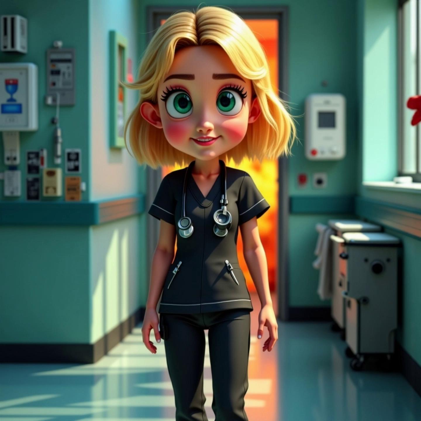 Prompt: @voice-829837252279803904  Bonnie, the nurse wearing a black nursing scrub suit, blond bob hair and green eyes, wearing black sneakers. Bonnie speaks " When using the RACE acronym, C is for Confine, larger fires that cannot be put out, should be confined. Close the doors and windows if possible, if safe to do so."  Bonnie walks towards the room behind her where the fire is raging, she closes the door and quickly moves away from the door back down the corridor.