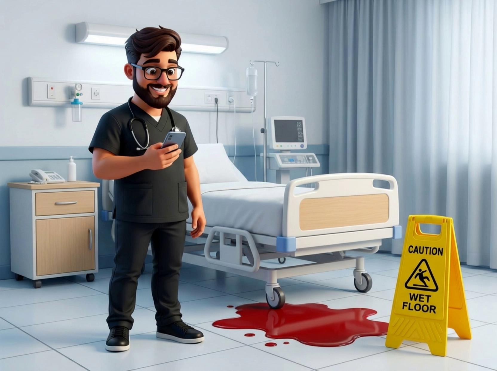 Prompt: @voice-829836818102231083 Shadi,  a male nurse, wearing a black nurses scrub, top and pants, he is wearing black sneakers. He has dark dark brown hair, very short, dark brown beard, glasses with a black frame, light brown eyes. He is medium to tall in height. He is Standing in a hospital room with a large spill of blood on the floor, there is a yellow wet floor sign close by. He is holding a mobile phone  in this hand. Shadi holds the mobile phone to his ears and speaks "Blood spill management. Place “Wet Floor” sign near the area of spill, preventing spread of infection. It is a potential infection hazard. Always wear protective PPE before cleaning blood or body fluids."" @voice-1766479244666