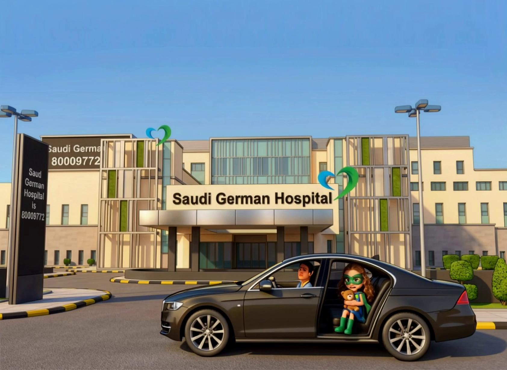 Prompt: [@Video]  They arrive at the hospital, park in front of the hospital. The father is driving the car and mother is in the front passenger seat,one on the left and one on the right, rona is in the back seat. Rona (5 year old super hero girl) gets out of the back of the car and walks around the car. She starts walking in the direction of the front door of the hospital building, away from the car. (towards the entrance of the hospital building )