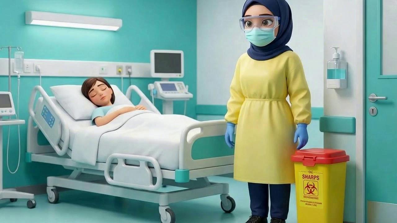 Prompt: a nurse with navy nursing scrub pants and top, long navy sleeves cover the arms, she is wearing a navy hijab covering her hair, she is wearing black sneakers, she has brown eyes. She is standing inside a patients room. She is wearing yellow gown, surgical mask, eye goggles and surgical blue gloves. There is a patient in the bed sleeping. Next to the nurse is a yellow waste bin with a " HAZARDOUS WASTE" on. There is a gel dispense attached to the wall. The nursing ward has a teal and white decoration, the area is brightly lit. She opens the waste bin, removes one  glove form one hand and places into the bin, then she removes the other glove and places it into the bin. Her hands are bare. Voice speaks, "First remove gloves" At the end of the scene her hands are bare, she uses the gel dispenser on the wall and applies some gel to her hands. She rubs her hands together. voice @Catherine pixar animation style