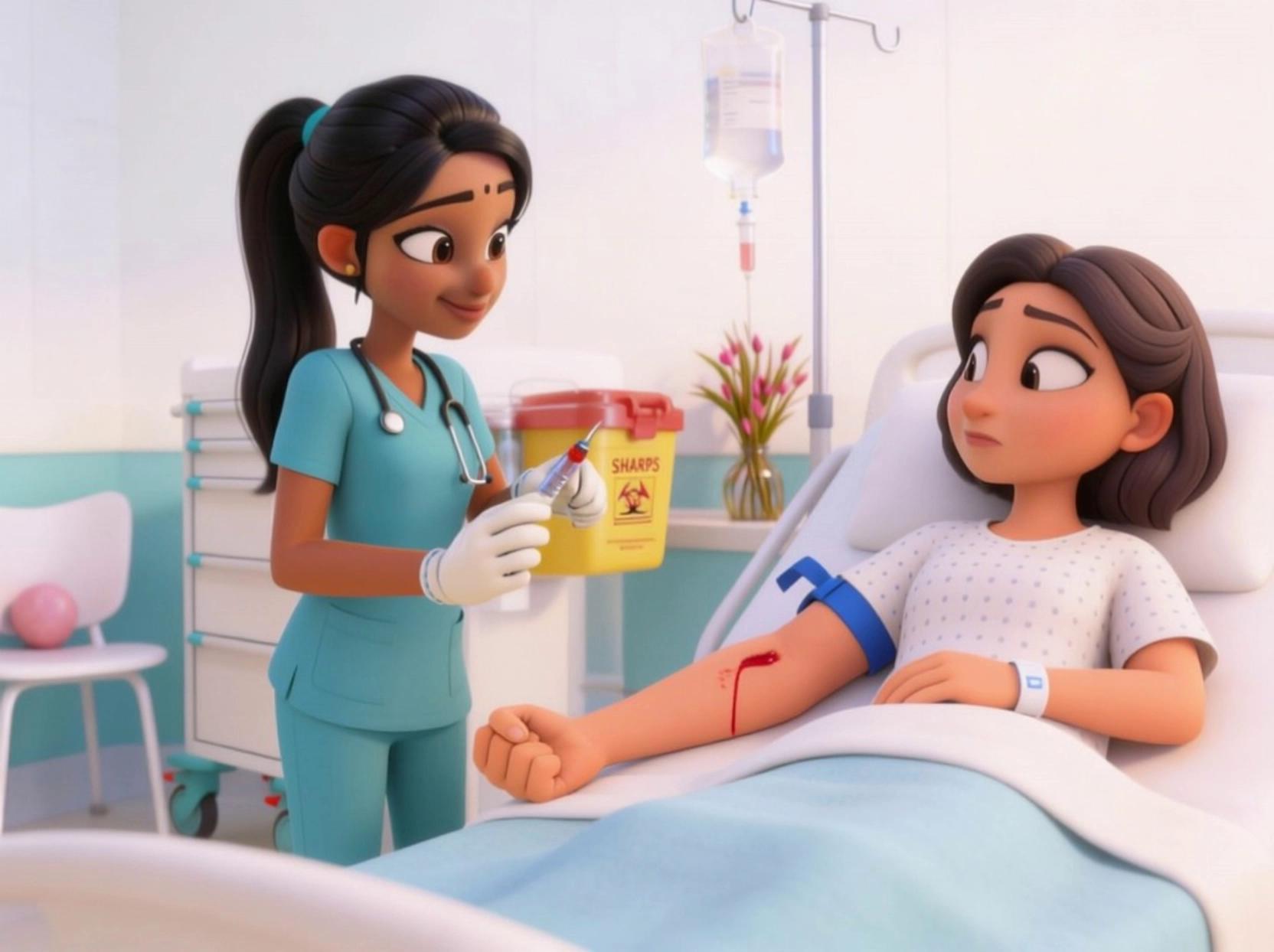 Prompt: Single shot (no zoom) Indian nurse, wearing teal nursing scrubs has long black hair in a ponytail, she is wearing blue surgical gloves and is drawing blood (holding a syringe and needle in her hand) from female patient in the bed (she is wearing a hospital gown), her arm is extended and arm has a blue tourniquet above the elbow. The nurse takes a white square cotton pad (gauze) and places it over the puncture site where blood is visible, she keeps it there for a few seconds (keep hand on the gauze pad) as she applies some pressure to stop the bleeding, she keeps her hand on the gauze pad on the patients arm.(with one hand only, other hand has the syringe with blood) The nurse speaks in English "Use sterile gauze when removing the needle from the punctured site, remove the tourniquet with sterile gauze " pixar animation @voice-1770105949670