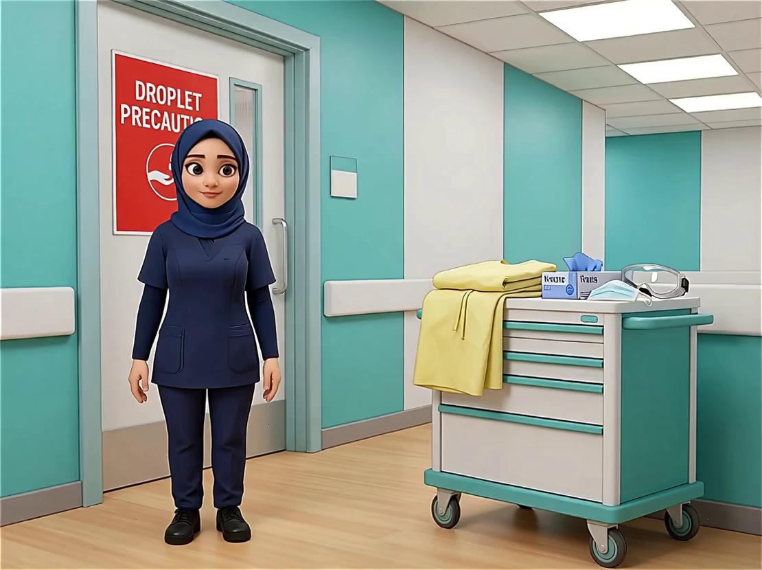 Prompt: a nurse with navy nursing scrub pants and top, long navy sleeves cover the arms, she is wearing a navy hijab covering her hair, she is wearing black sneakers, she has brown eyes. She is standing outside a patients room, the room is closed. On the door is a poster "DROPLET PRECAUTION", the color of the poster has a red back ground. The nursing ward has a teal and white decoration, the area is brightly lit. Next to the door is a nurses trolley, on top is a yellow gown, box of gloves, eye goggles and surgical mask. She takes the yellow gown on the trolley next to her. She puts on the yellow gown. The gown fully cover torso from neck to knees, arms to end of wrists, and wrap around the back. She fasten the gown in back of neck and then the waist. She speaks "When donning PPE, start with applying the gown" Voice @catherine Pixar animation style.