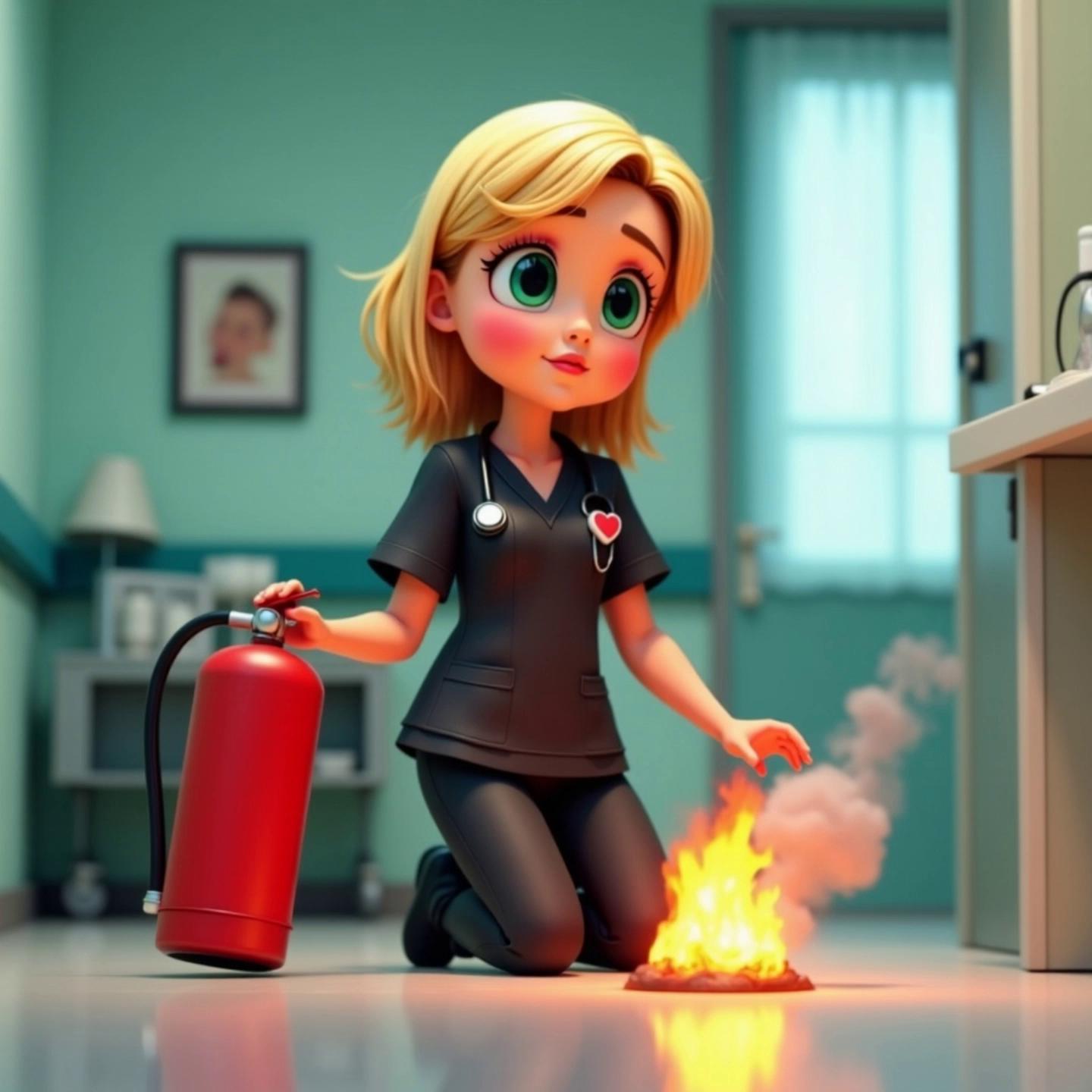Prompt: @voice-829837252279803904  Bonnie, the nurse wearing a black nursing scrub suit, blond bob hair and green eyes, wearing black sneakers. Bonnie speaks " When using the RACE acronym, E is for Extinguish or evacuate, smaller fires can be extinguished using the fire extinguisher. If fires are too large, close the door and evacuate towards the allocated assembly points."  Bonnie walks towards the  small fire in the room, she kneels and uses the fire extinguisher to put out the fire, white puffs of gas escapes from the fire extinguisher, there is no more fire, only a little bit of smoke.