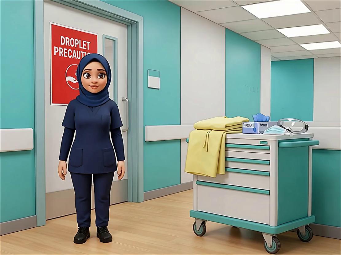 Prompt: A nurse wearing navy nursing scrubs, pants and top, she has her arms covered in navy long sleeves, her hair is covered with a navy hijab, she is wearing black sneaker and has brown eyes. She has a friendly face. She is standing outside the patients room, on the door is a red sign “droplet precautions”. There is a  nursing trolley with a mask, yellow gown and gloves on top. She speaks “ Donning is performed before entering the patients room”  She points at the nursing trolley  next to her. @catherine Pixar animation style