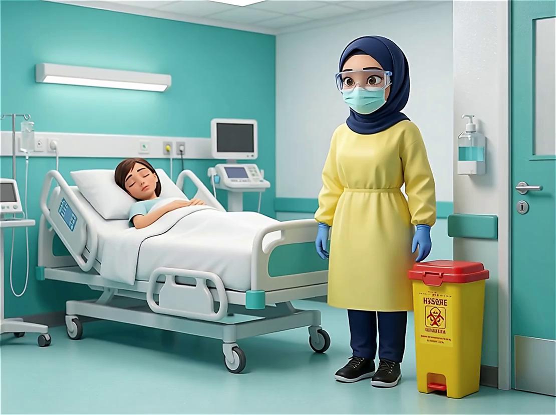 Prompt: a nurse with navy nursing scrub pants and top, long navy sleeves cover the arms, she is wearing a navy hijab covering her hair, she is wearing black sneakers, she has brown eyes. She is standing inside a patients room. She is wearing yellow gown, surgical mask, eye goggles and surgical blue gloves. There is a patient in the bed sleeping. Next to the nurse is  a yellow waste bin with a " HAZARDOUS WASTE" on. There is a gel dispense attached to the wall. The nursing ward has a teal and white decoration, the area is brightly lit. She stands with her hands clasped at her waste. She does not remove the PPE.  Voice speaks "Doffing of PPE is done inside the patients room, before leaving"  voice @Catherine pixar animation style