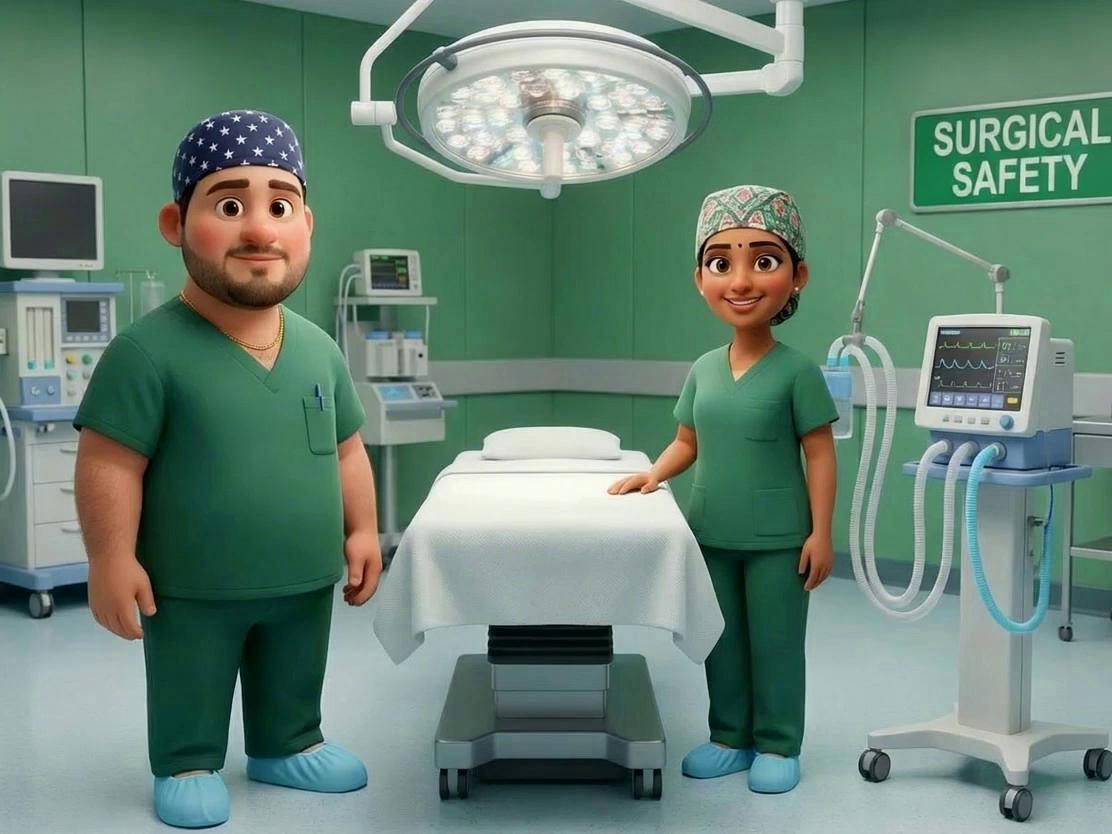 Prompt: two nurses are in the operating room, one female indian nurse and one male nurse. Both are wearing green nursing scrub suits, surgical hats and light blue shoe covers. the male nurse is wearing a dark blue surgical cap with white stars on it, he also has a gold chain around his neck, he has a stubble beard and mustache There is a surgical light, empty surgical table and a ventilator the one side. The male nurse speaks "Adherence to this policy will ensure  safety measures before and during operation, proper positioning, optimum exposure of the surgical site and prevention of complications." pixar animation. VOICE@WILLIAM