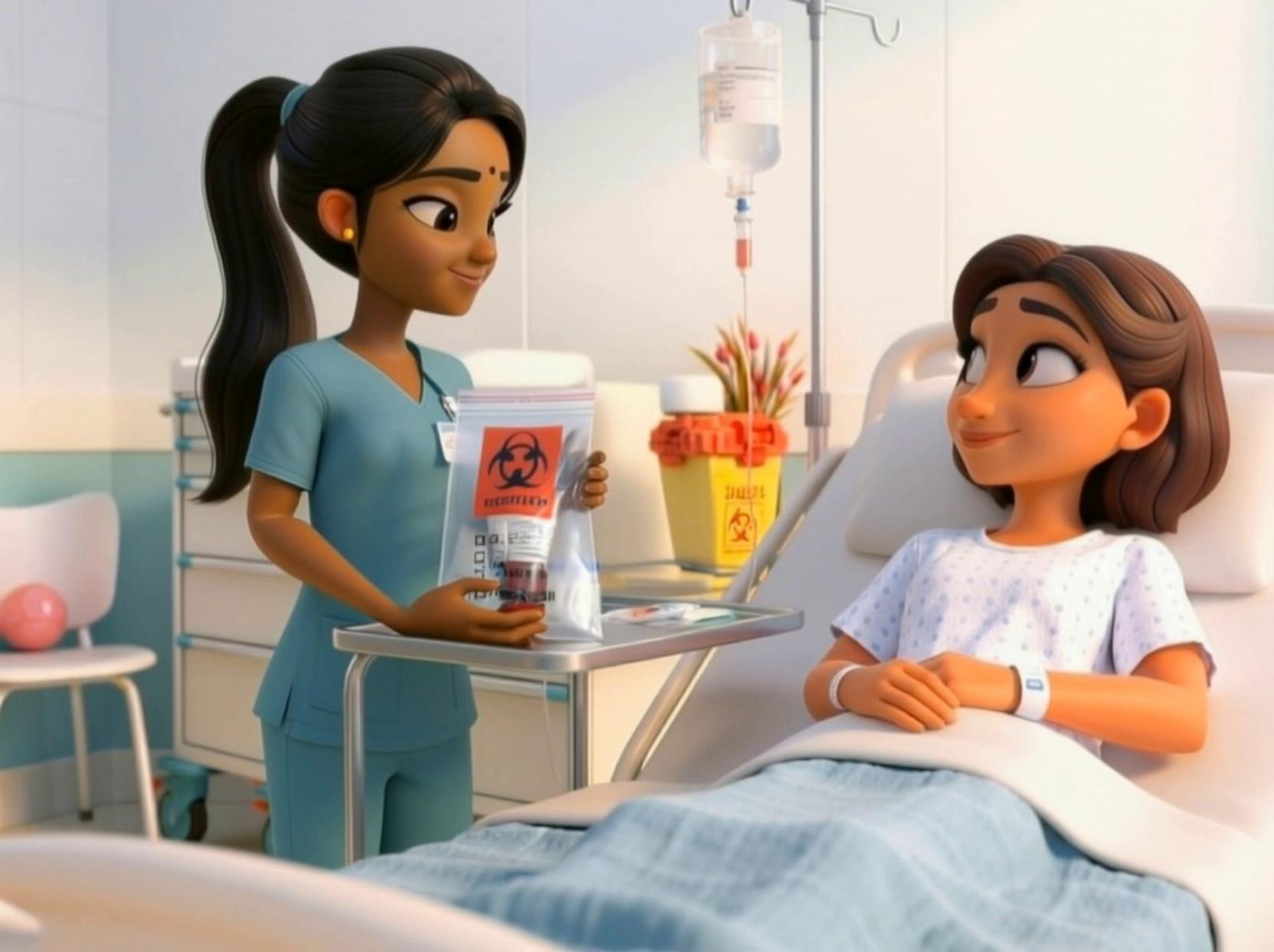 Prompt: single shot. the Indian nurse wearing teal nursing scrub suit, long black hair in a ponytail is standing next to the patients bed. She holds a biohazard bag with a blood culture bottle with purple top inside.(the blood culture bottle fits perfectly inside) The female patient is sitting in the bed with a hospital gown and a patient identification bracelet on the one arm. the nurse speaks in English "Document procedure, including date, time, site, volume and any issues encountered" Pixar animation @voice-1771255786526