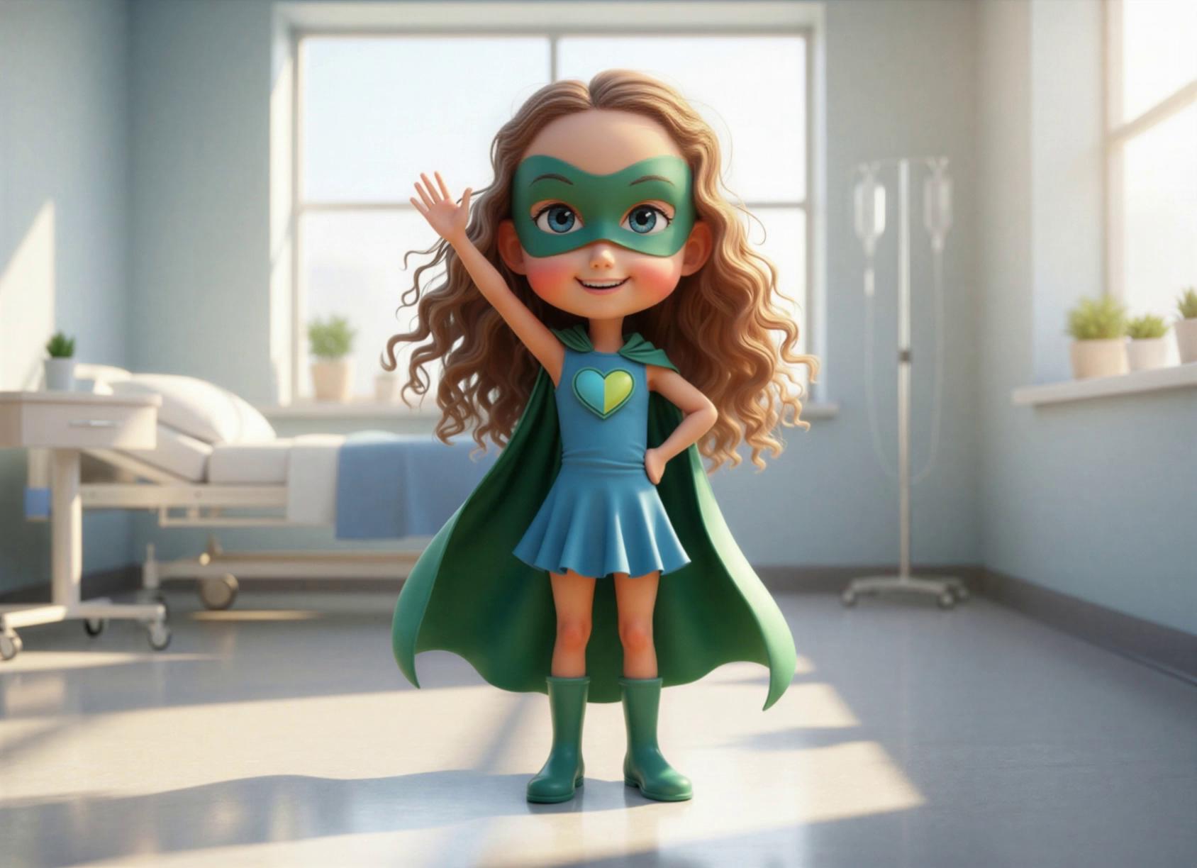 Prompt: @Rona is standing in front of the hospital bed, she has a  smile on her face and is in great spirits. She shows her muscles, using both arms as she curls them above her head. Then she waves good bye, as she prepares to go home, the excitement is evident. The light shines brightly through the window behind her