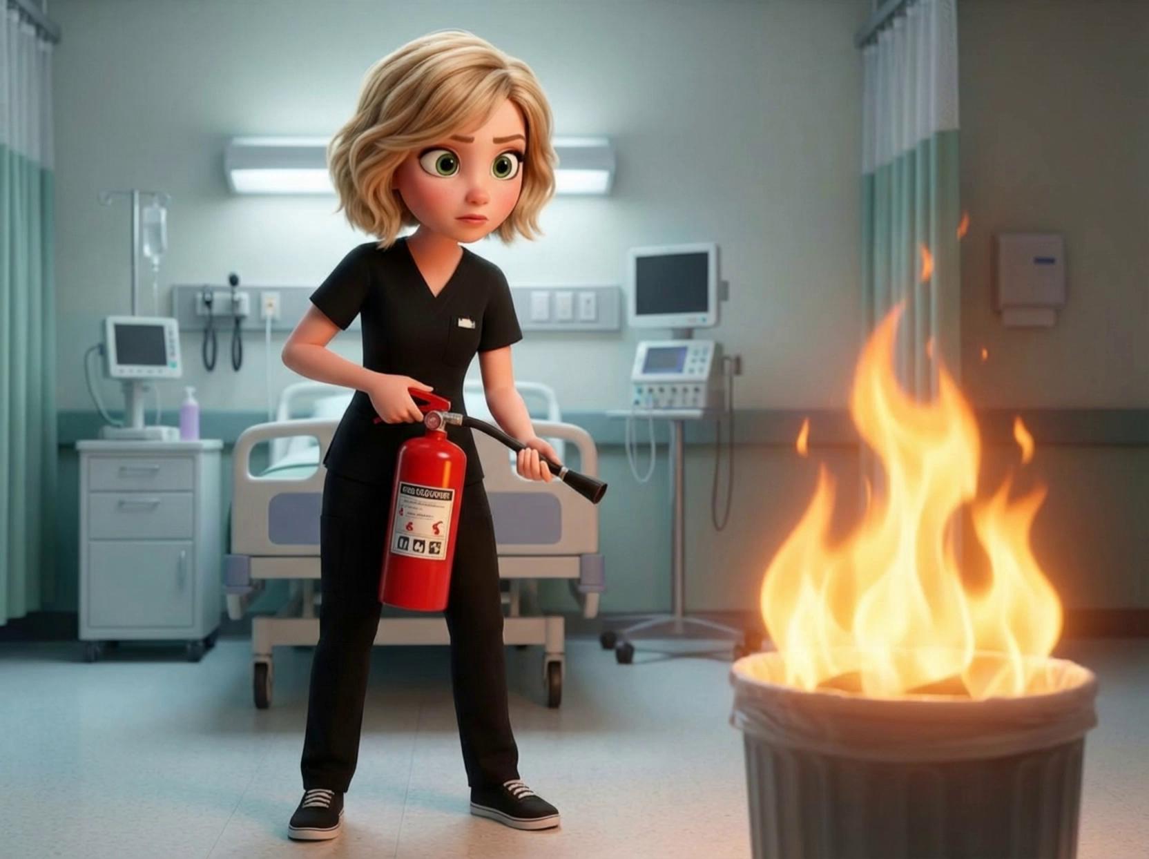 Prompt: Bonnie is wearing her black nursing scrub, pants and top, she is wearing her black sneakers. She has blond bob, hair slightly wavy. Green eyes. She is holding a fire extinguisher and pointing the nozzle at the fire in front of her. There is a medium fire in front of her in a trash can.  She pulls out the pin at the top of the fire extinguisher, aims the nozzle at the fire, squeezes the handle of the fire extinguisher and moves the nozzle from side to side while white gas comes out of the nozzle and extinguishes the fire. She speaks "To ensure you are using the fire extinguisher correctly use the pass acronym, P  pull out the pin, A  aim at the base of the fire, S  squeeze the handle,  S  sweep from side to side" Voice @Laura  PIXAR animation style