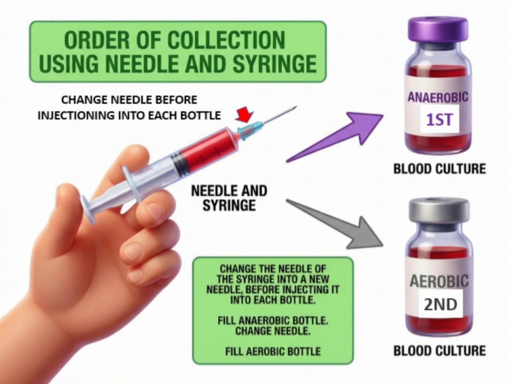 Prompt: display the poster, keep the pictures and the labels the same. (single shot , static) Voice speaks "Change the needle of the syringe into a  new needle before injecting into each bottle; first anaerobic then aerobic" @voice-1770116541631