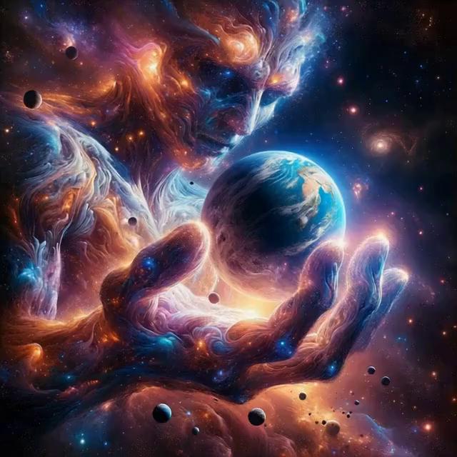 Prompt: Light inside being flowing, rises hand and blows on planet to let it hover away freely, slow-mo, camera zooms to planet where the girl rises 