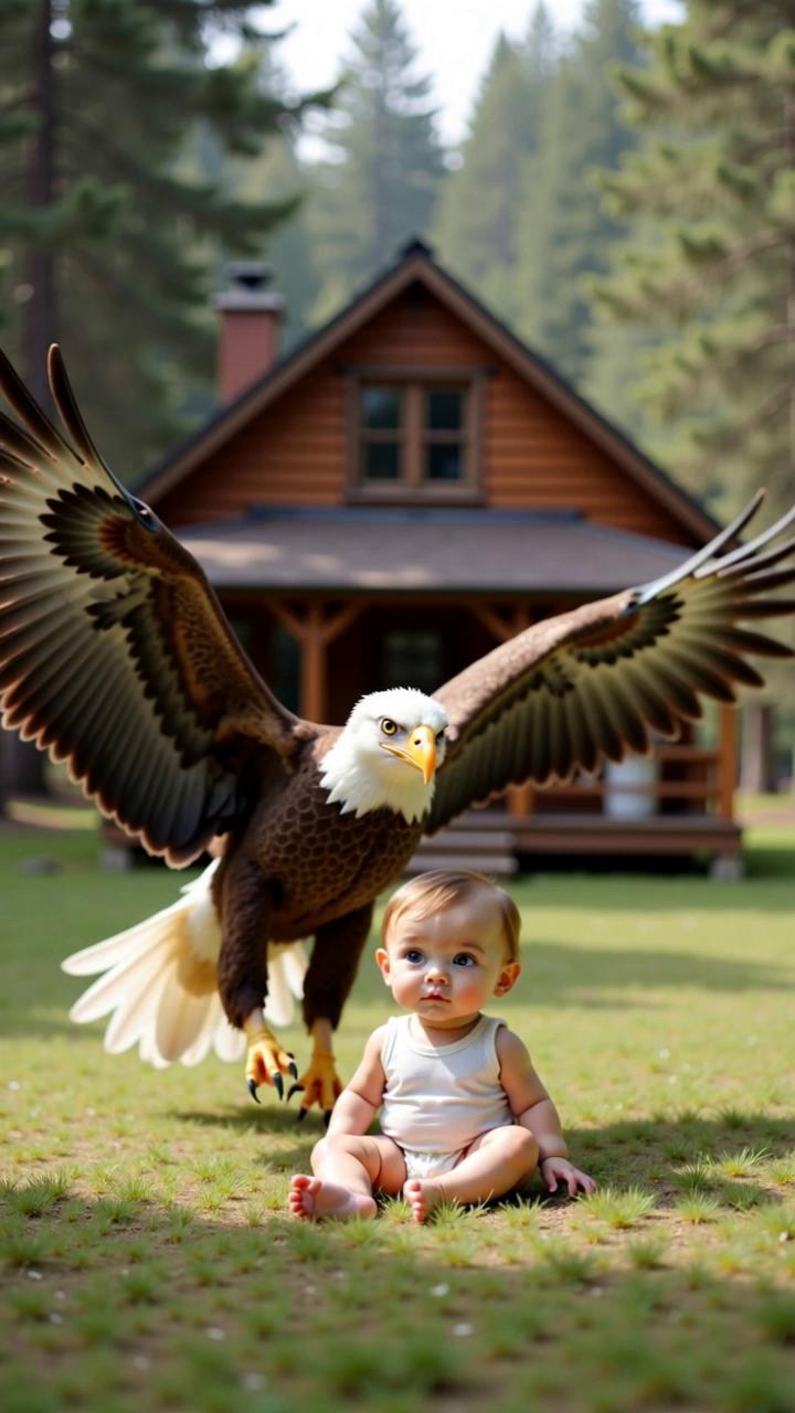 Prompt: A hyper-realistic 5-second cinematic video. A baby with soft light brown hair and a white sleeveless onesie is sitting calmly on a patch of grass in front of a cozy wooden cabin in the forest. Just behind the baby, a massive bald eagle spreads its wings and lifts off into the sky. The eagle had just delivered the baby and is now flying upward, leaving the child safely on the ground. The camera captures the baby from the front while the eagle rises in the background, wings fully extended. The baby looks slightly curious, watching the eagle ascend. The moment is peaceful, with warm daylight and natural forest surroundings. Ultra-realistic motion. Cinematic feel. No mist.