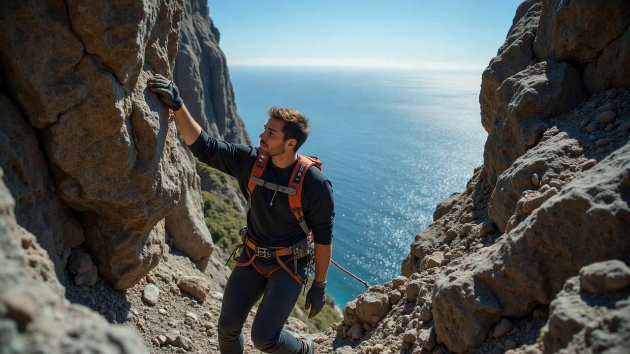 Prompt: Mountain terrain, a mountain climber reaching for next numbered rung. Ocean below.