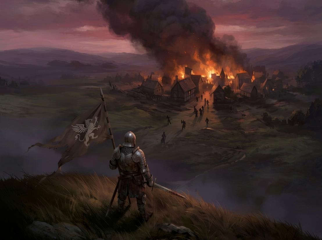Prompt: slowing zooming out and the camera angle moving upward as the people run from the burning village slowing below, the character sticks the banner he is holding in his left hand into the ground to his side leaving it standing vertically. 