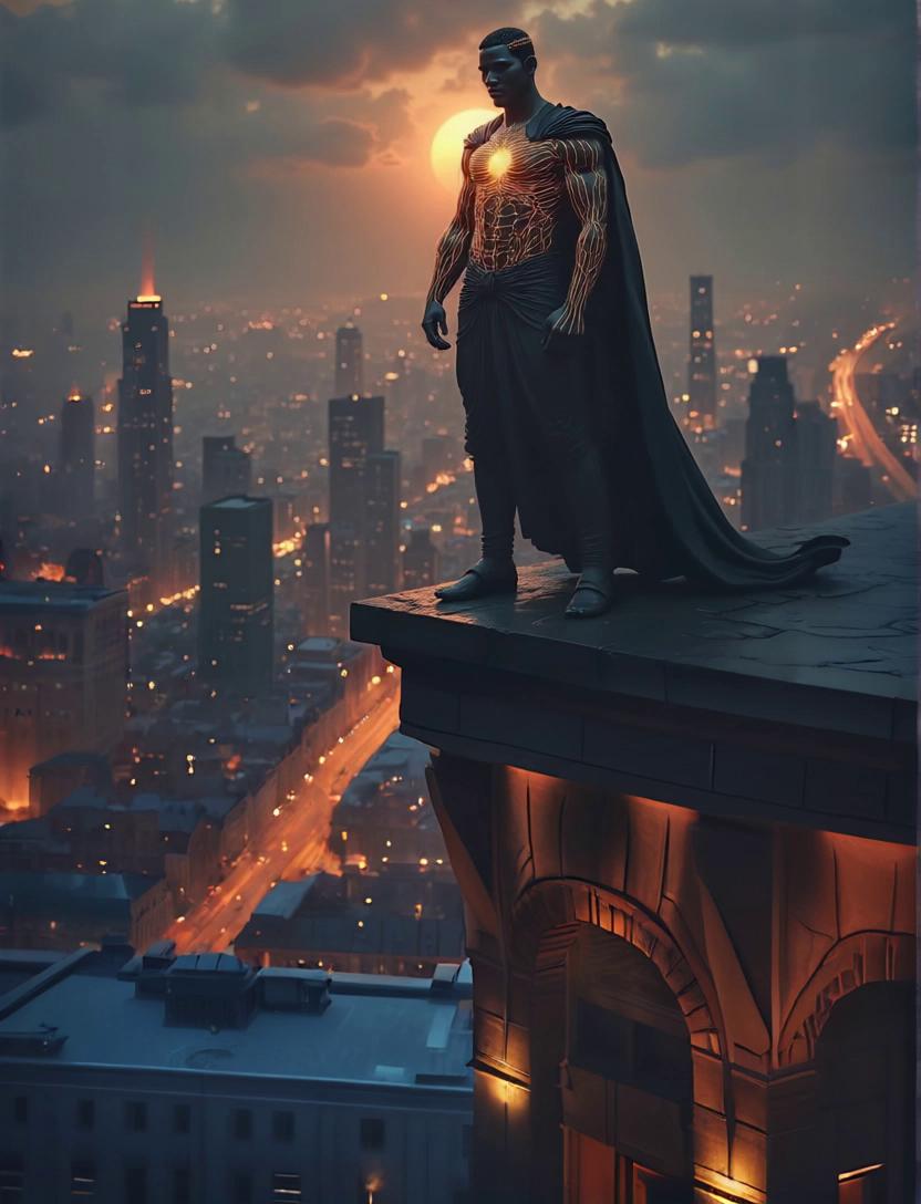Prompt: The super hero looks out over the city, before flying away