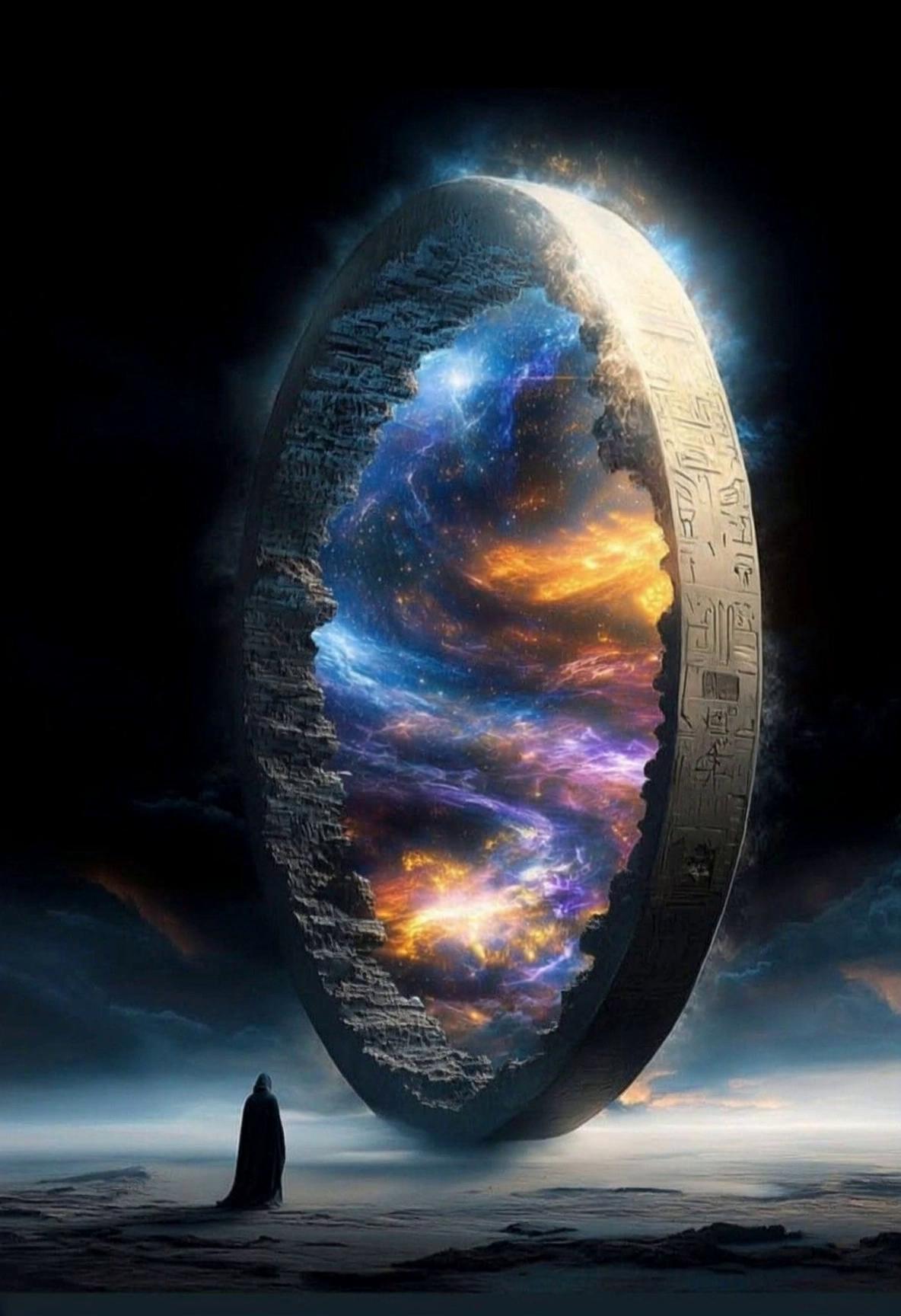 Prompt: show the man floating into the stargate and disappear inside