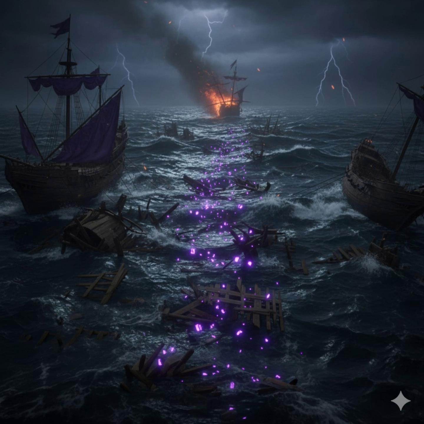 Prompt: [frame 1] one ship on fire with black smoke coming  out the two other ships with black smoke. camera capture as the vibranium drowning gradually into the sea  as the water move 