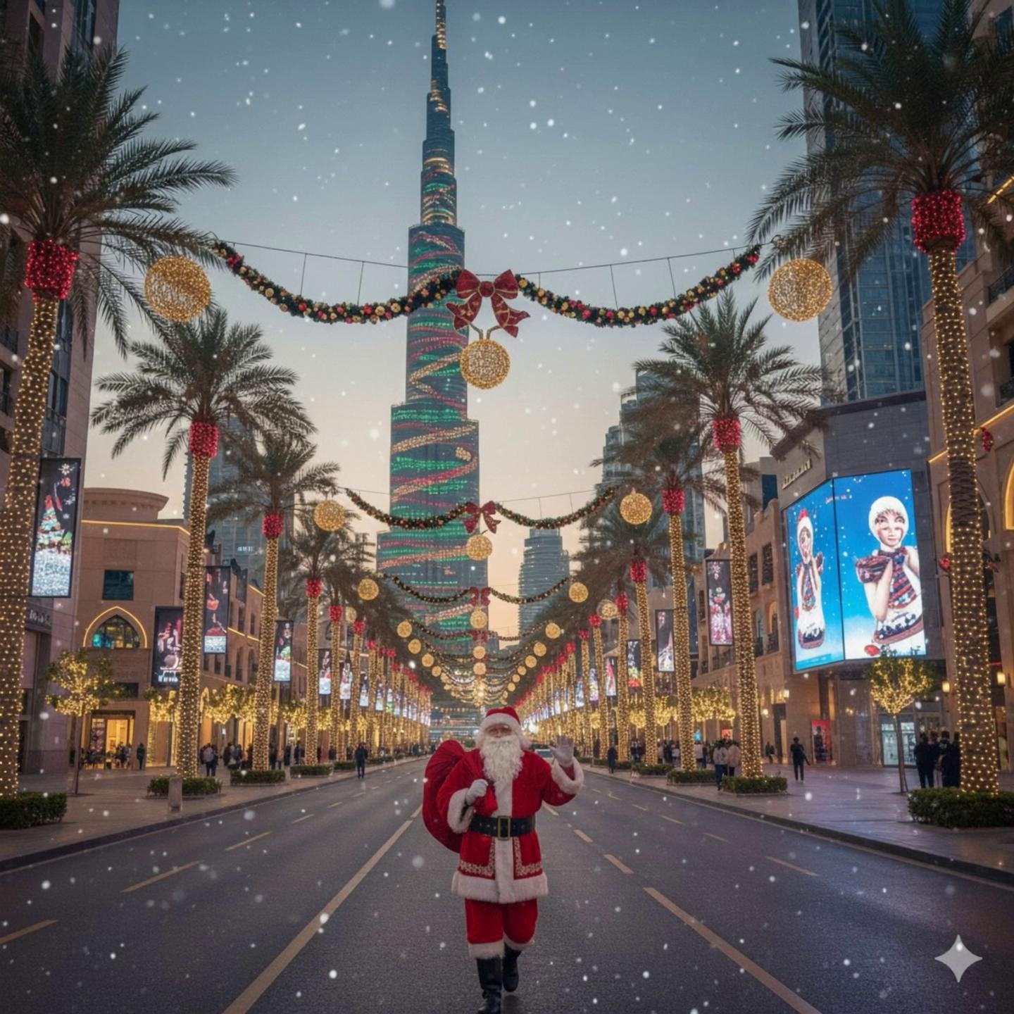 Prompt: i want to make a picture with Christmas in Dubai street with full decoration and santa is walking in front of me with BurjKhalifa view without people and car and take out box from his bag put name (SkyRan) on a box